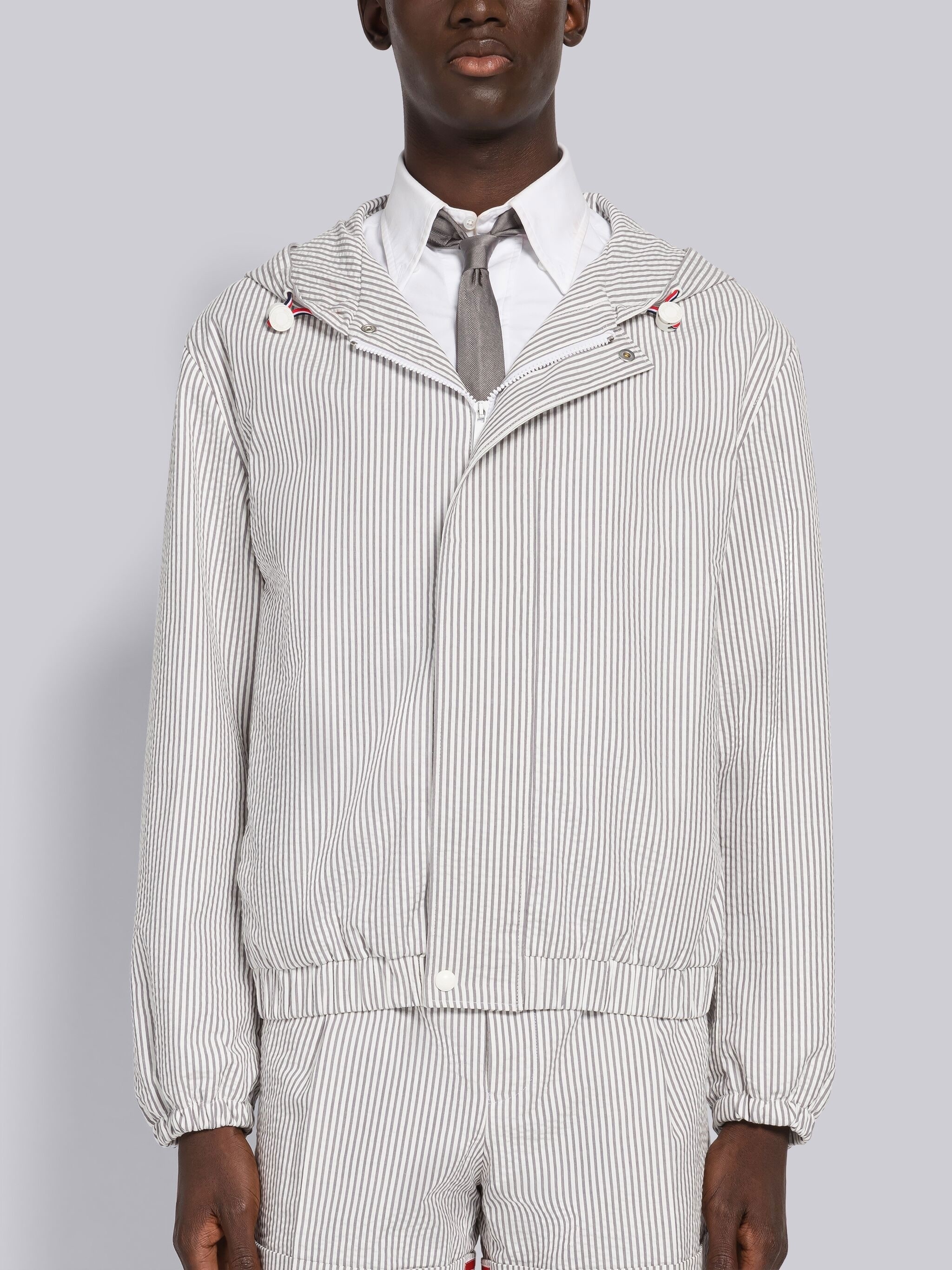 Seersucker Zip Front Relaxed Hoodie Jacket - 1