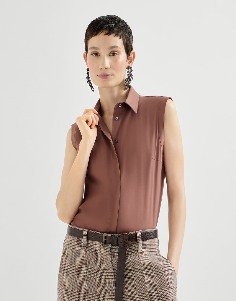 Stretch cotton poplin sleeveless shirt with shiny trim 5
