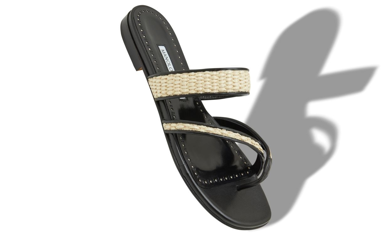 Black and Beige Raffia Flat Sandals - 2
