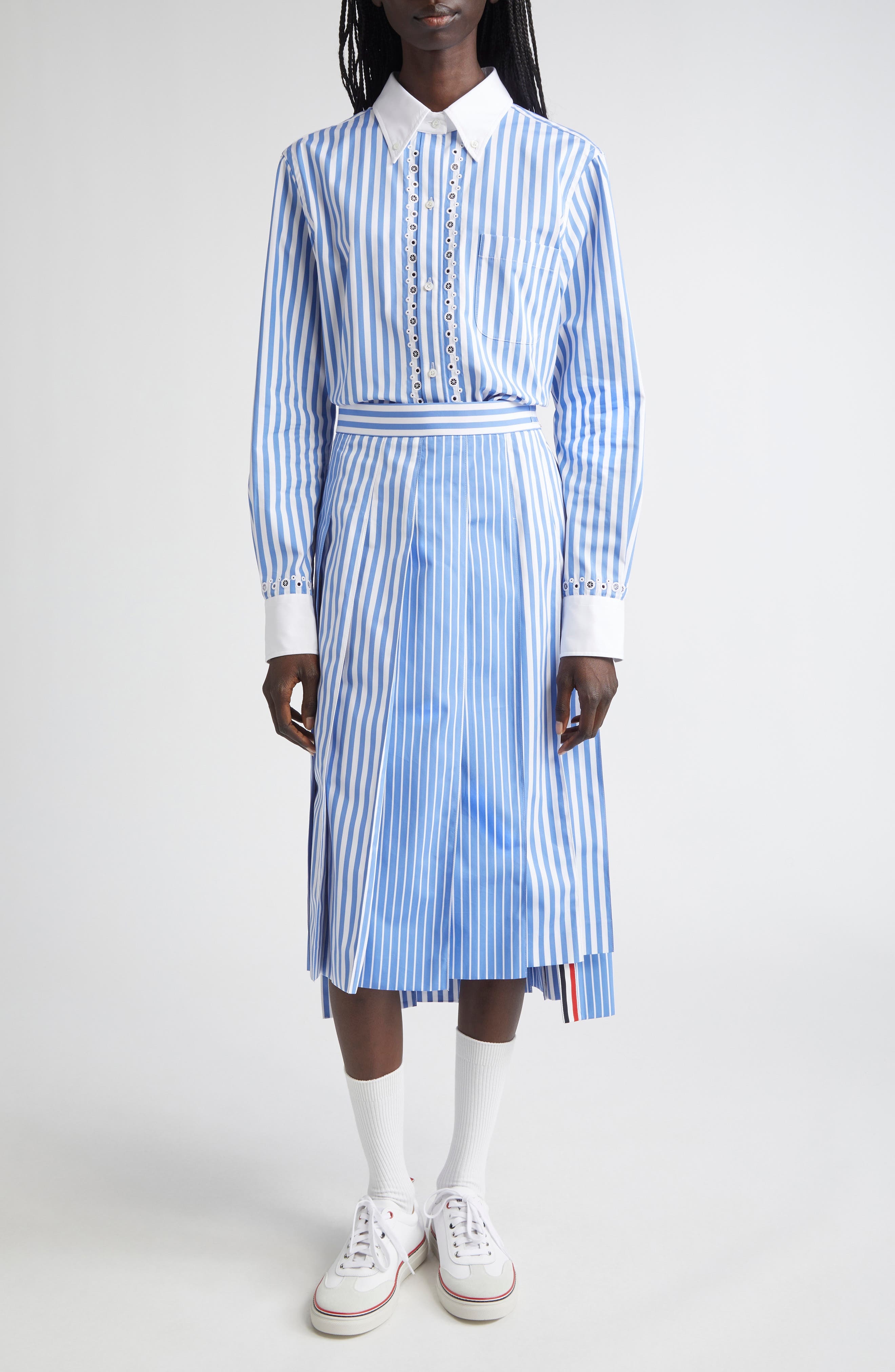 Thom Browne Awning Stripe Pleated Cotton Poplin Skirt in Medium Blue at Nordstrom - 2