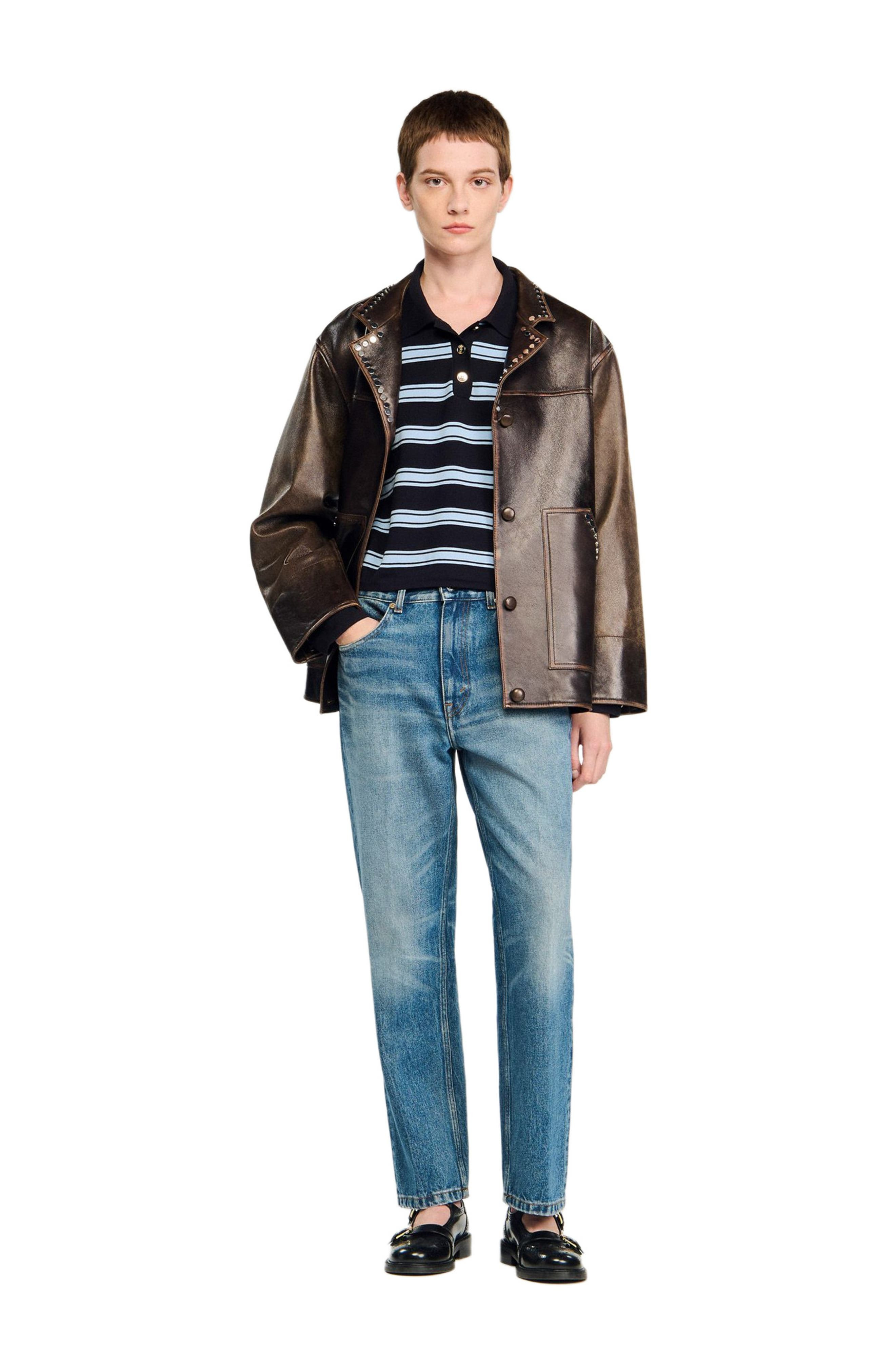 SANDRO Striped polo sweater in Navy Blue at Nordstrom - 7