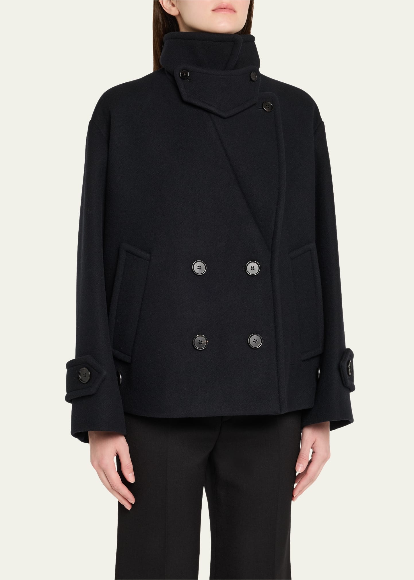 Double-Breasted Soft Wool Pea Coat - 4