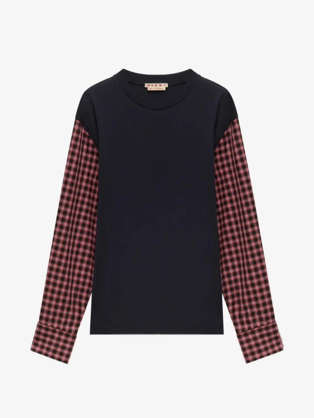 deep blue cotton T-shirt with checked shirt-sleeves - 1