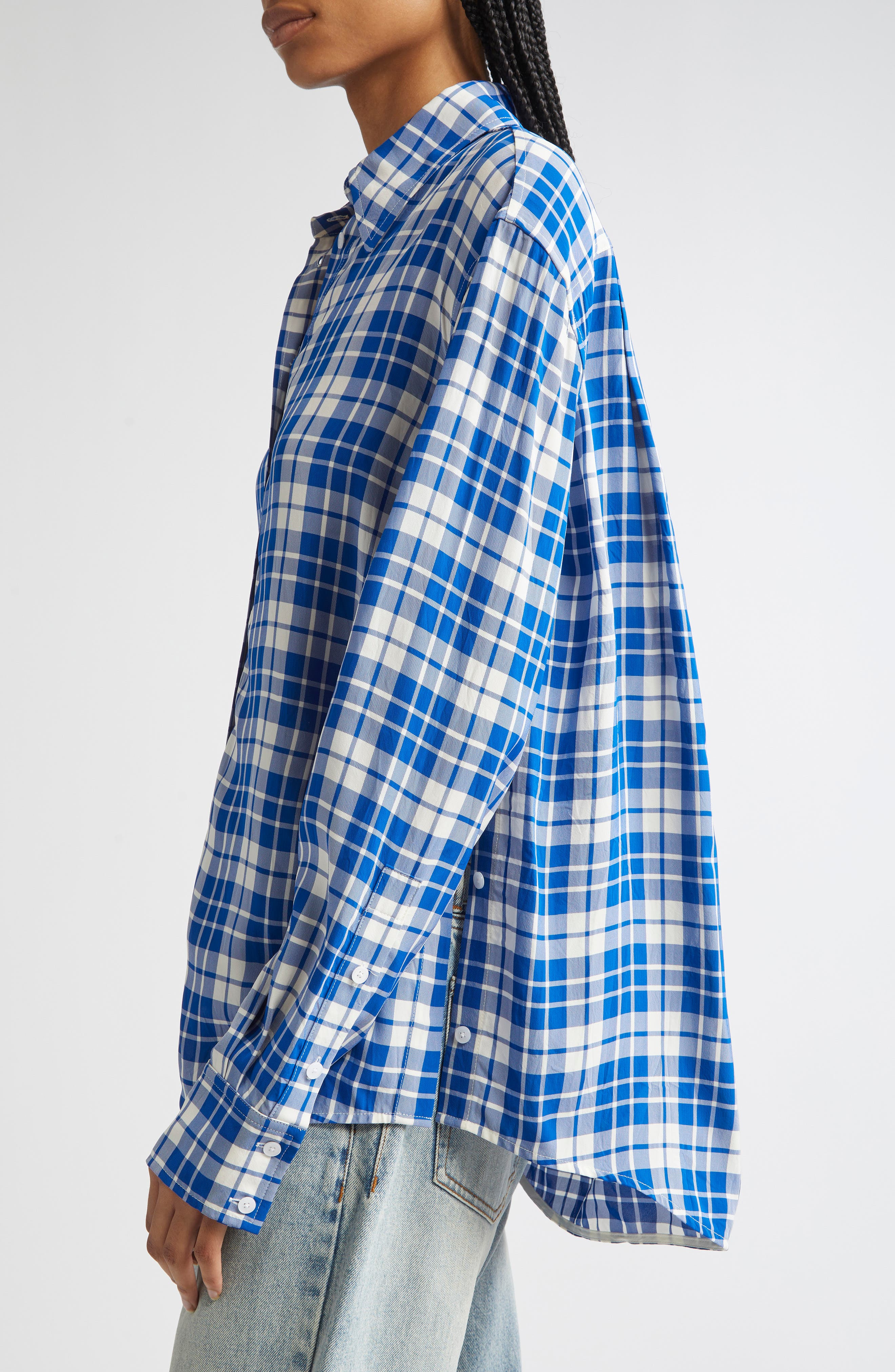 Proenza Schouler Bronwen Plaid Hammered Viscose Button-Up Shirt in Cobalt Multi at Nordstrom - 3