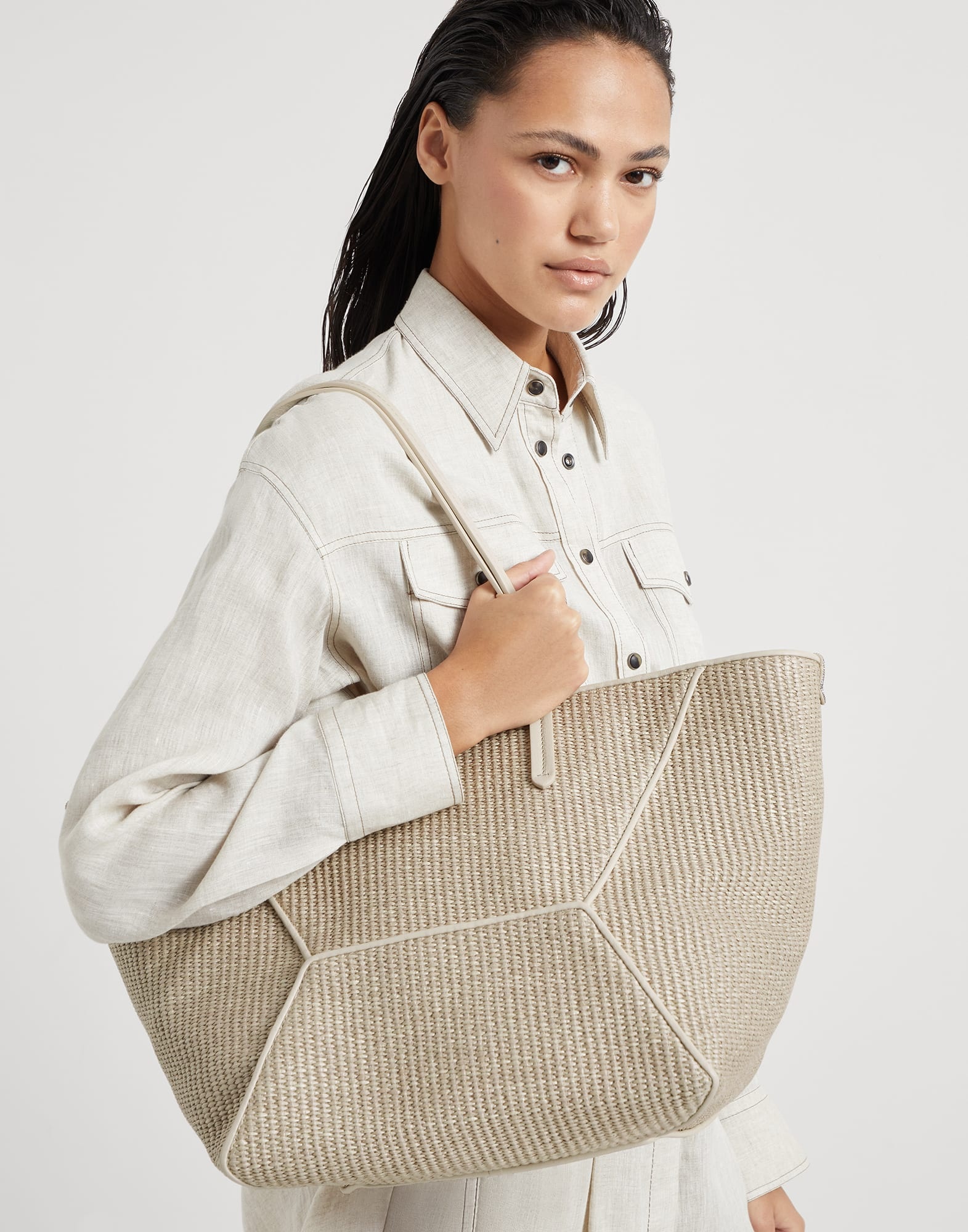 Techno raffia shopper bag with monili - 4