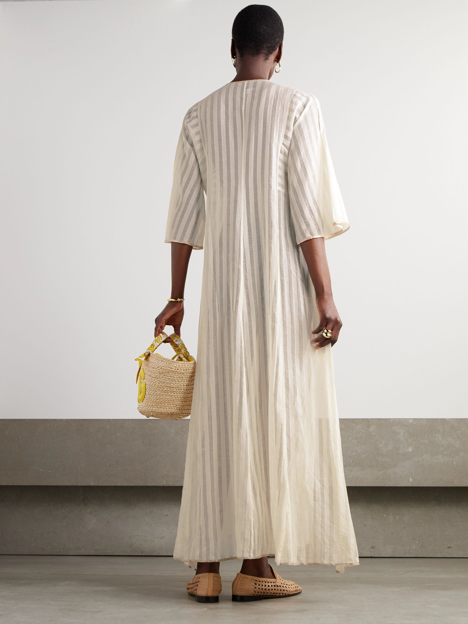 Rachel satin-trimmed striped cotton and silk-blend maxi dress Ecru - 3