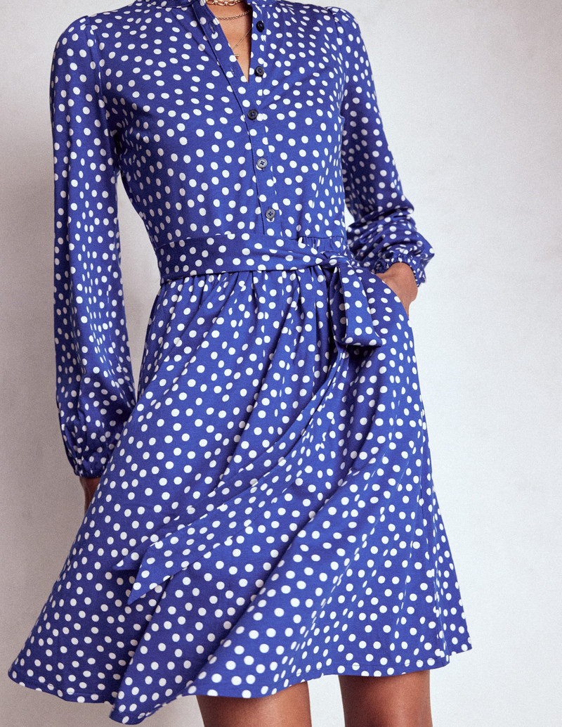Willow Ruffle Neck Shirt Dress-Bright Blue, Dot 3