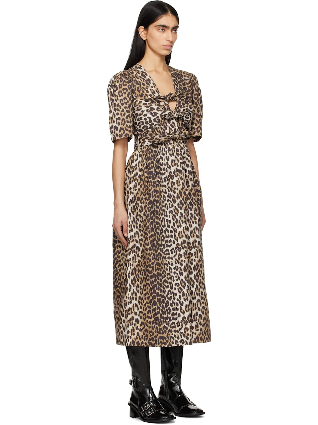 Beige & Brown Leopard Printed Cotton Tie Strap Midi Dress - 2