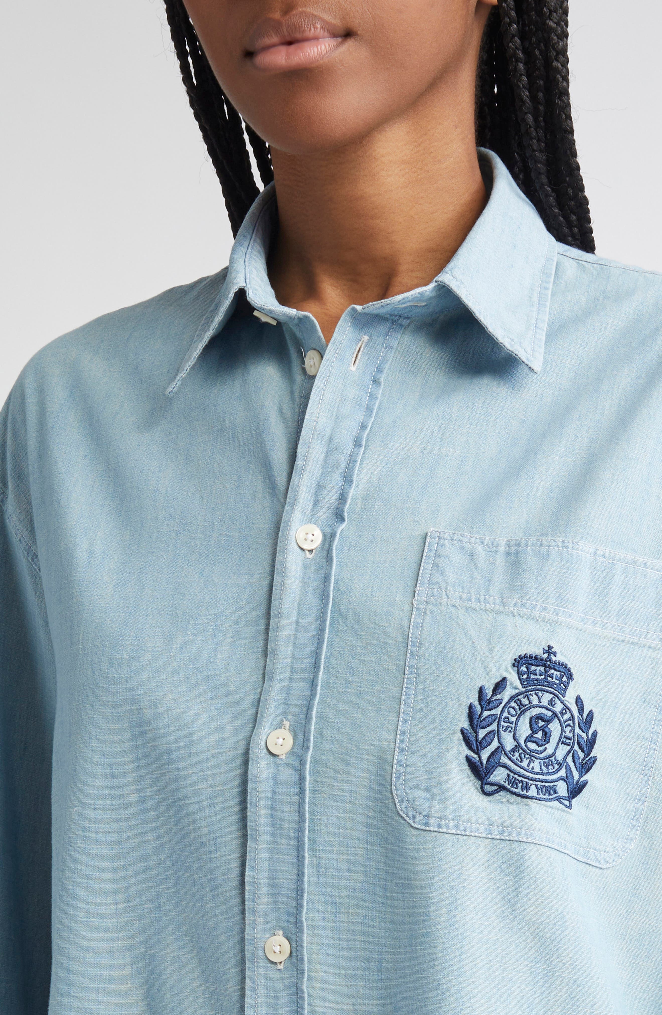Sporty & Rich Embroidered Crest Oversize Chambray Button-Up Shirt at Nordstrom - 4