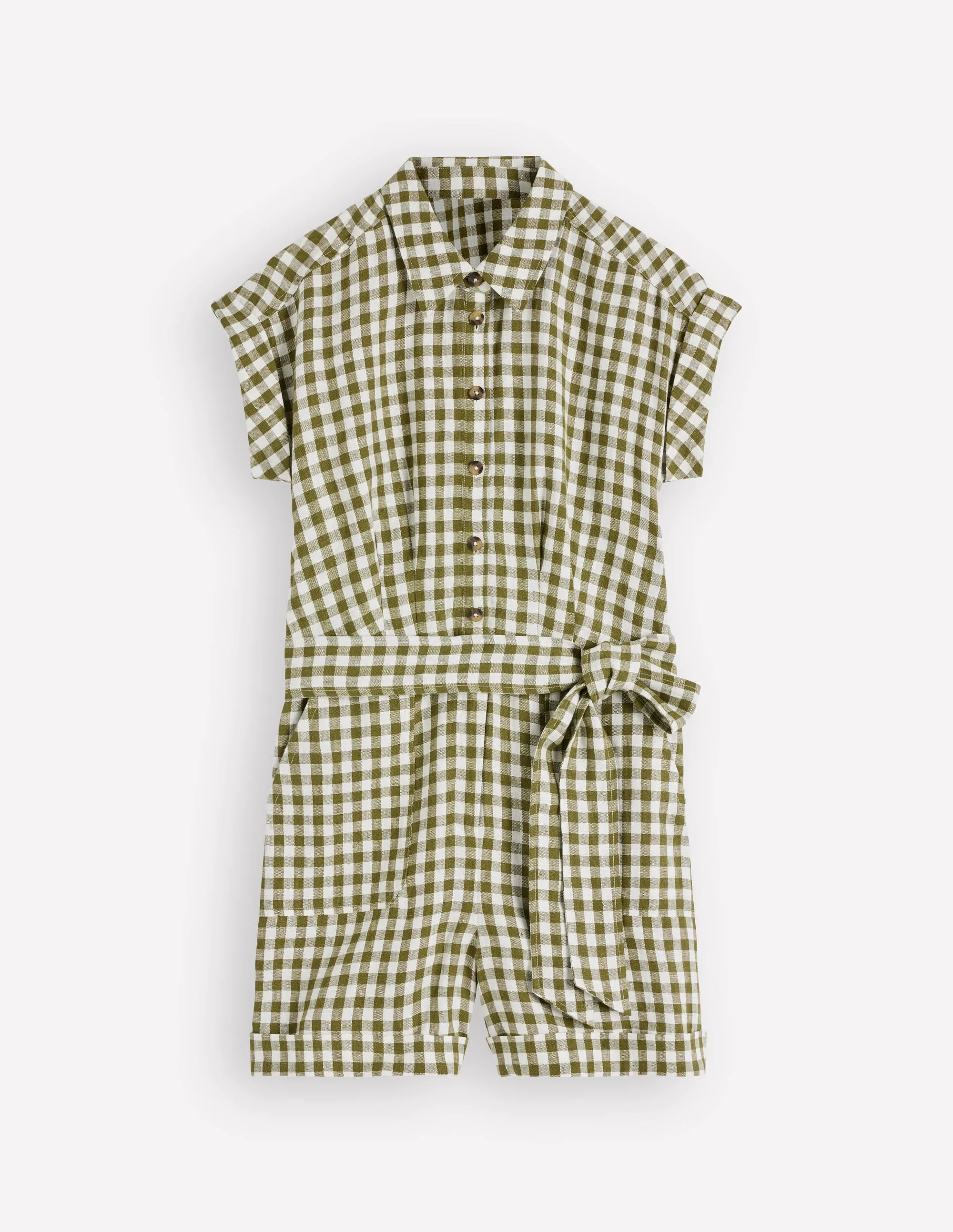 Kay Linen Playsuit-Olive, Ivory Gingham - 1