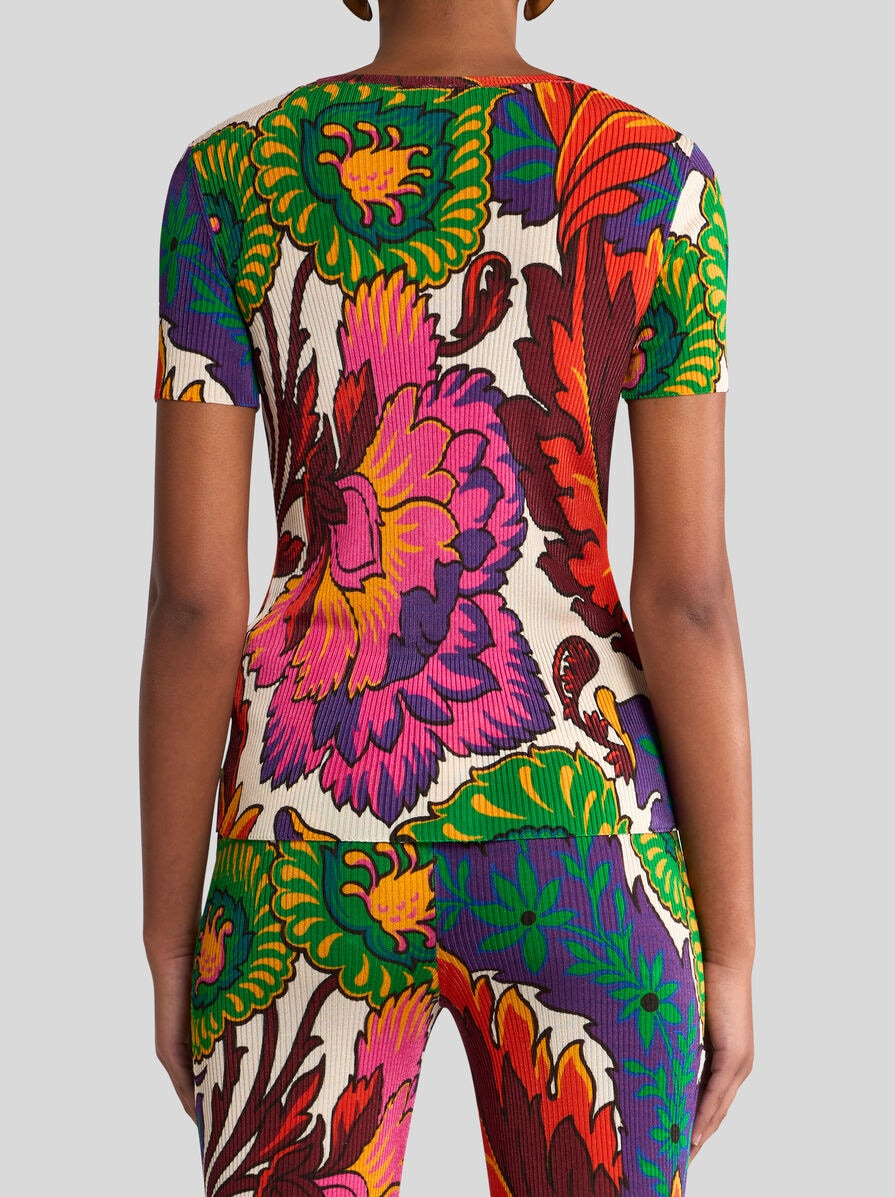RIBBED T-SHIRT WITH MULTICOLOURED FLORAL PRINT - 5
