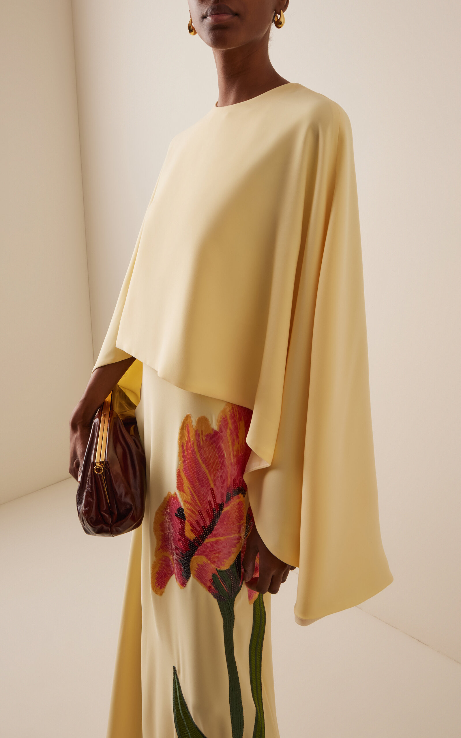 Meena Floral-Appliqued Crepe Cape-Effect Column Gown yellow - 2
