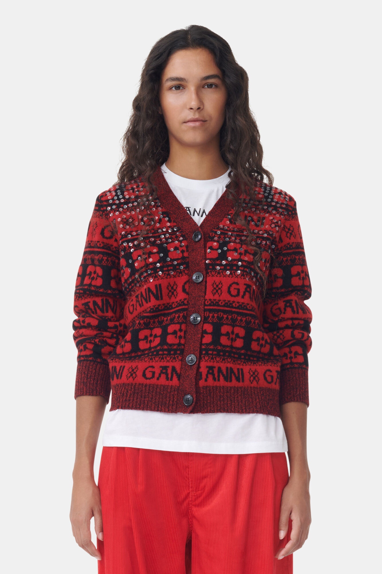 RED SEQUINS LOGO WOOL MIX CARDIGAN - 2