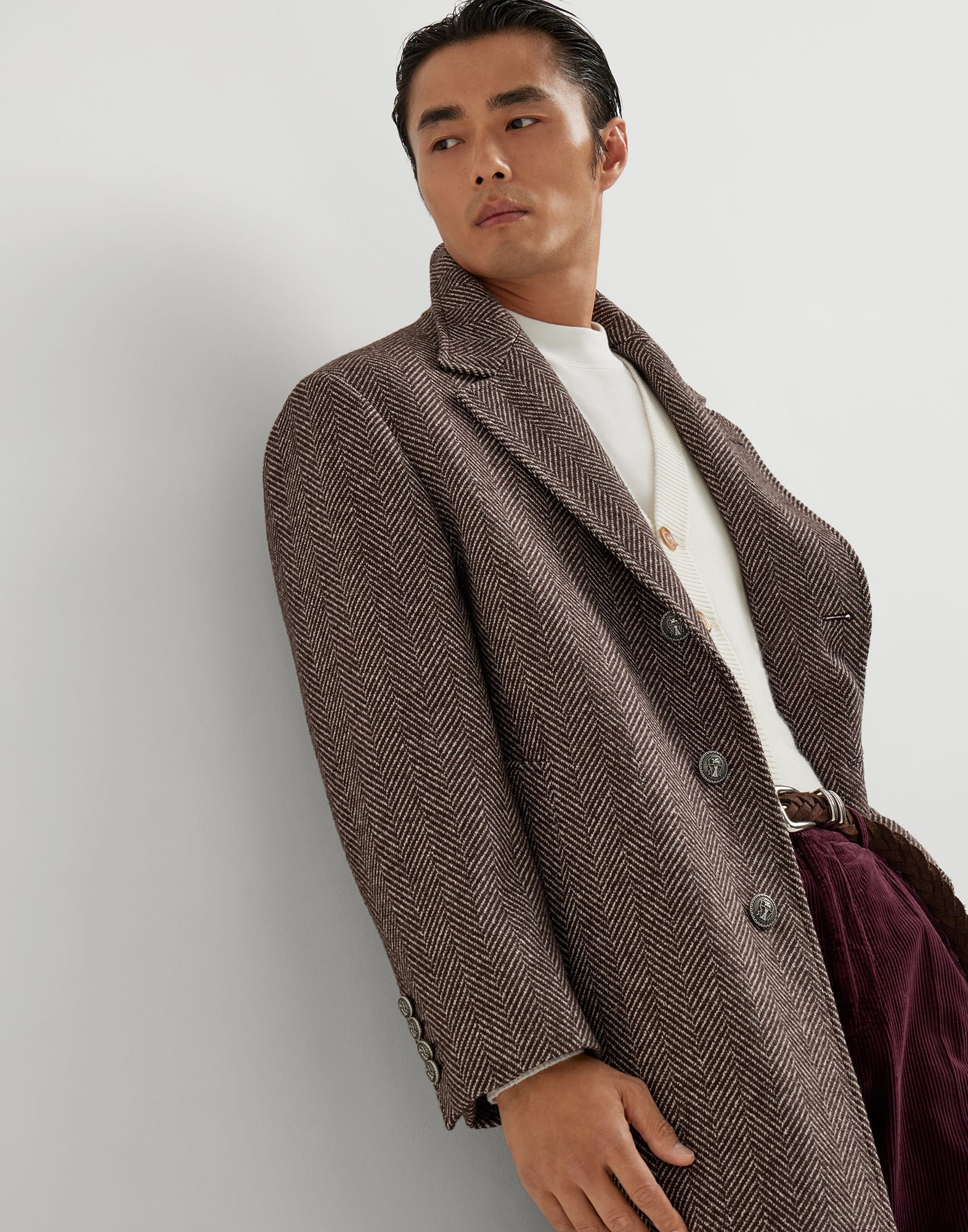 Cashmere and silk chevron flannel coat with metal buttons - 4