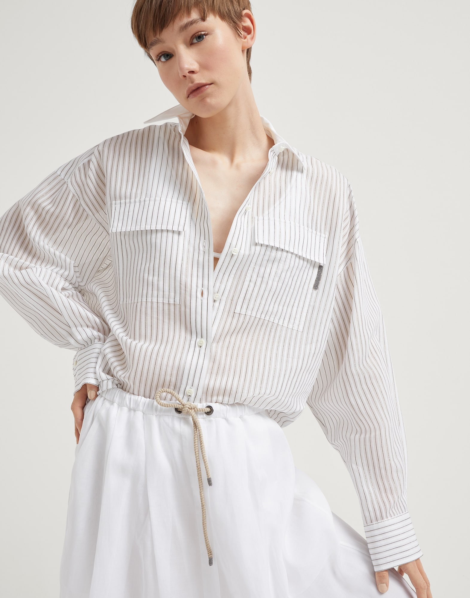 Cotton and silk sparkling stripe organza shirt with shiny tab - 4