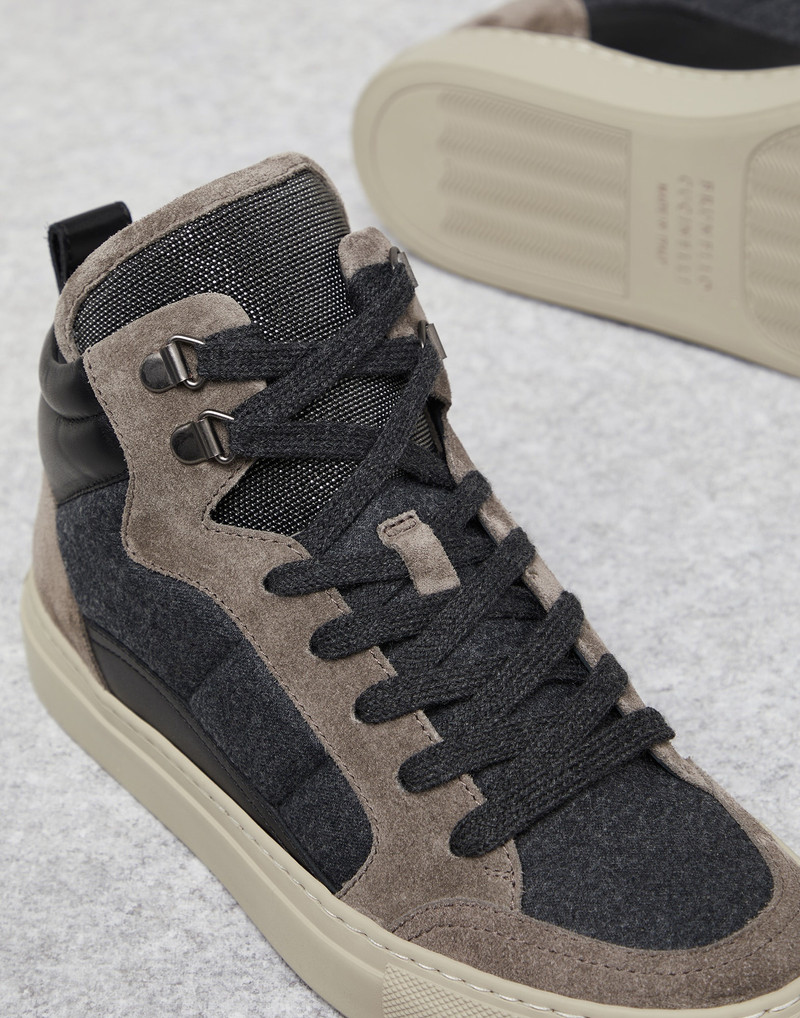 Suede and virgin wool flannel high-top sneakers with precious tongue 4