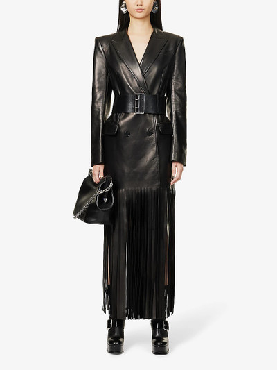 Alexander McQueen Fringed-hem peak-lapel leather coat outlook