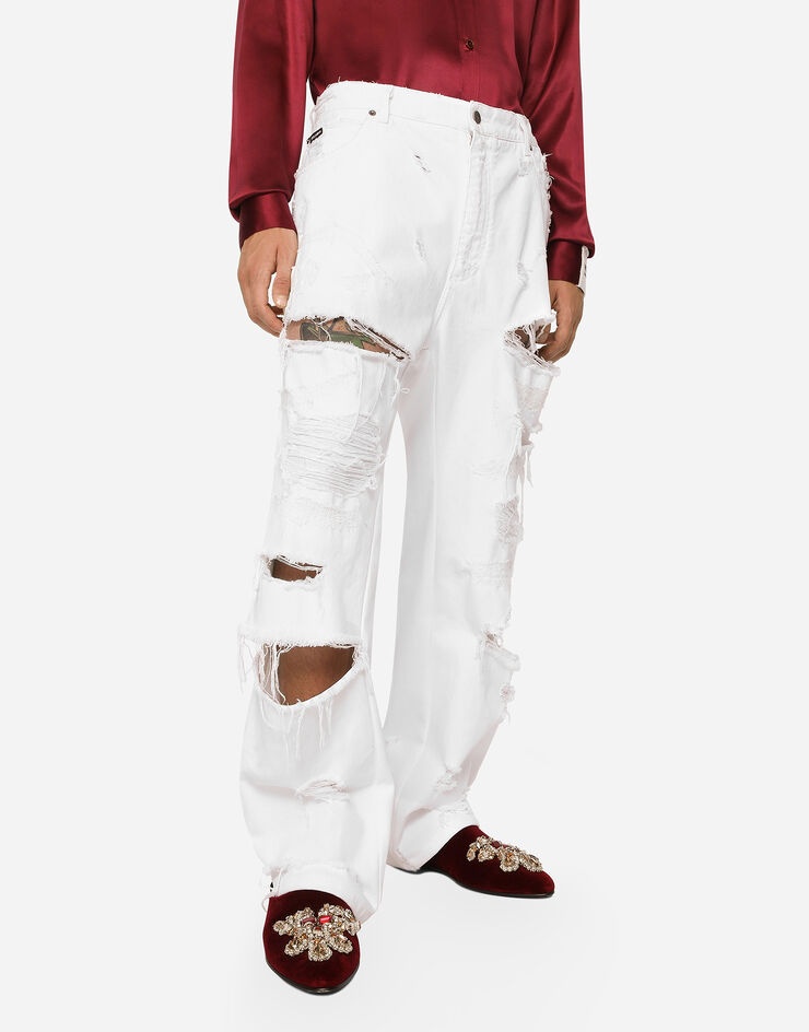 White denim straight-leg jeans with rips - 4