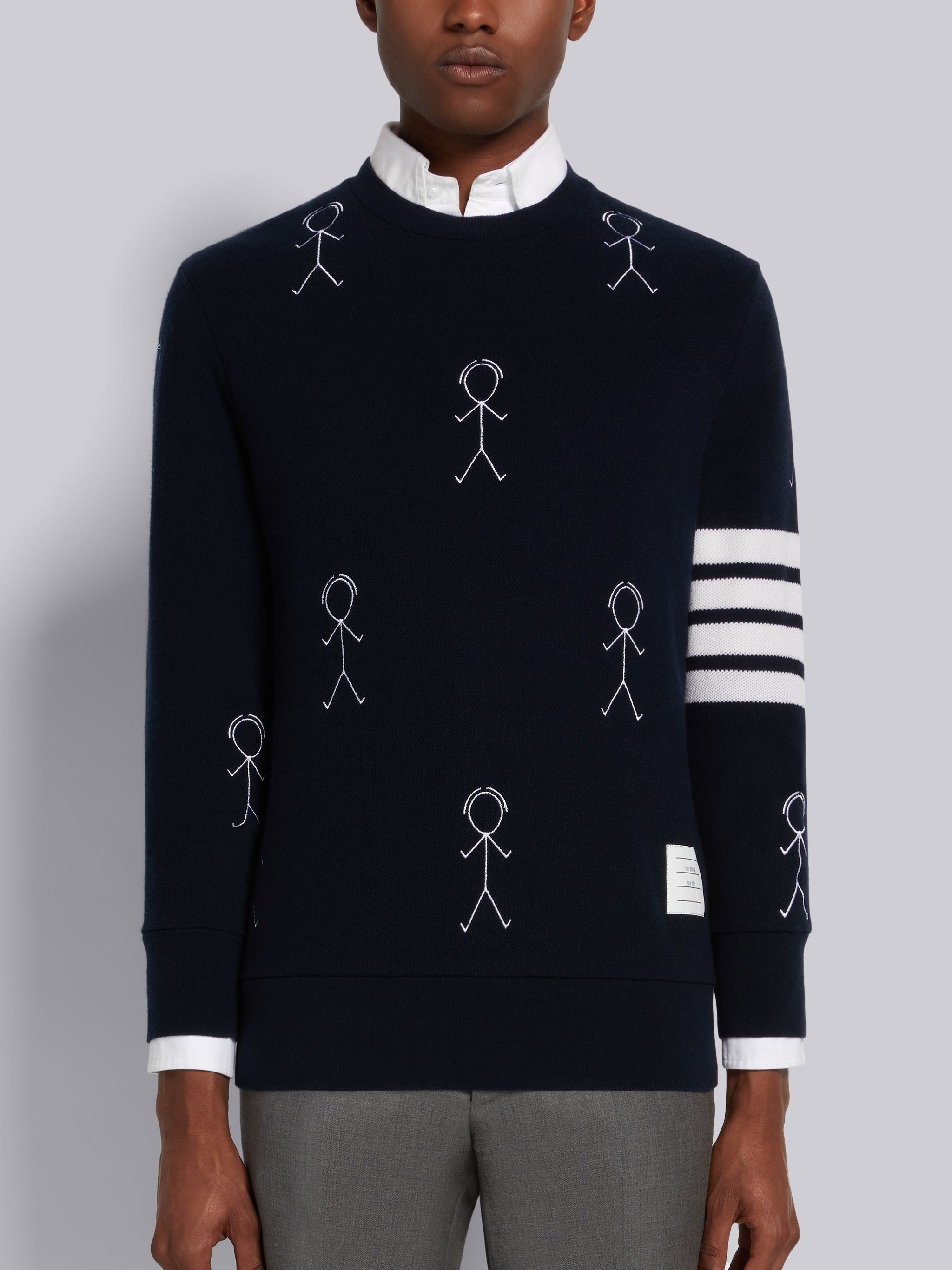 Navy Cashmere Pique 4-Bar Mr. Thom Half Drop Embroidered Sweatshirt - 1