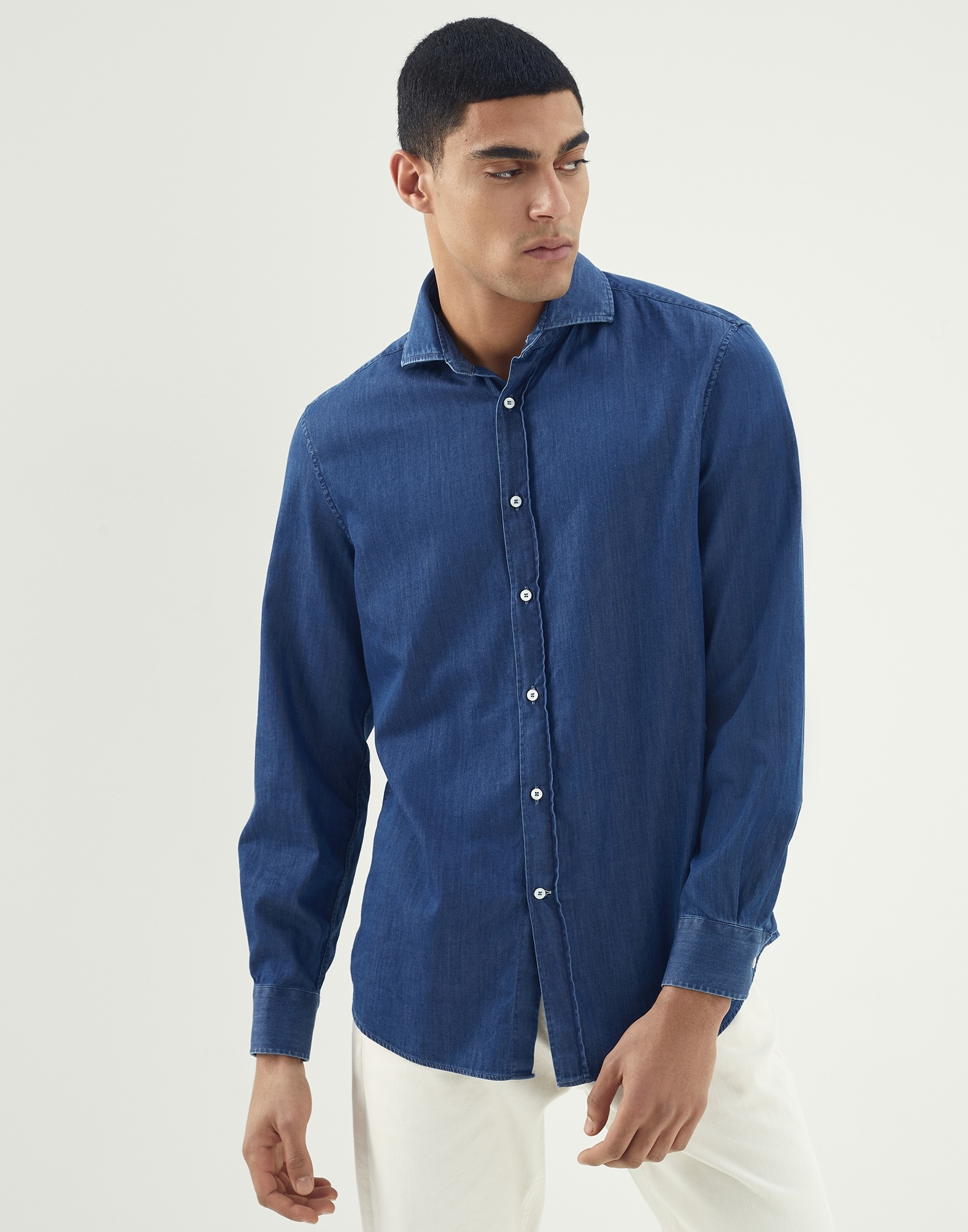 Lightweight denim easy fit shirt with spread collar - 1