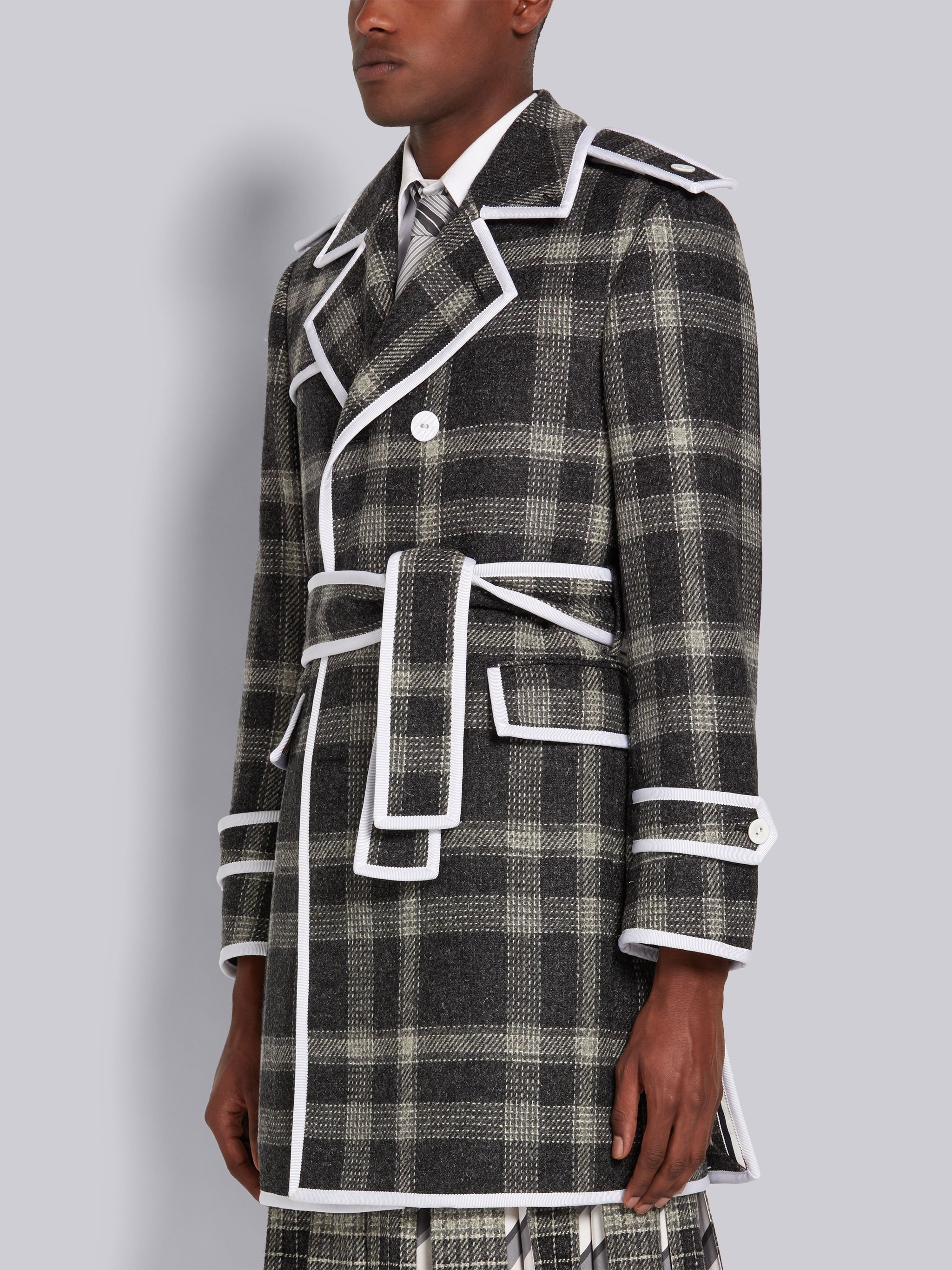 Medium Grey Hairline Madras Check British Wool Grosgrain Tipped Double Breasted Trench Coat - 2