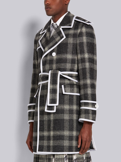 Thom Browne Medium Grey Hairline Madras Check British Wool Grosgrain Tipped Double Breasted Trench Coat outlook