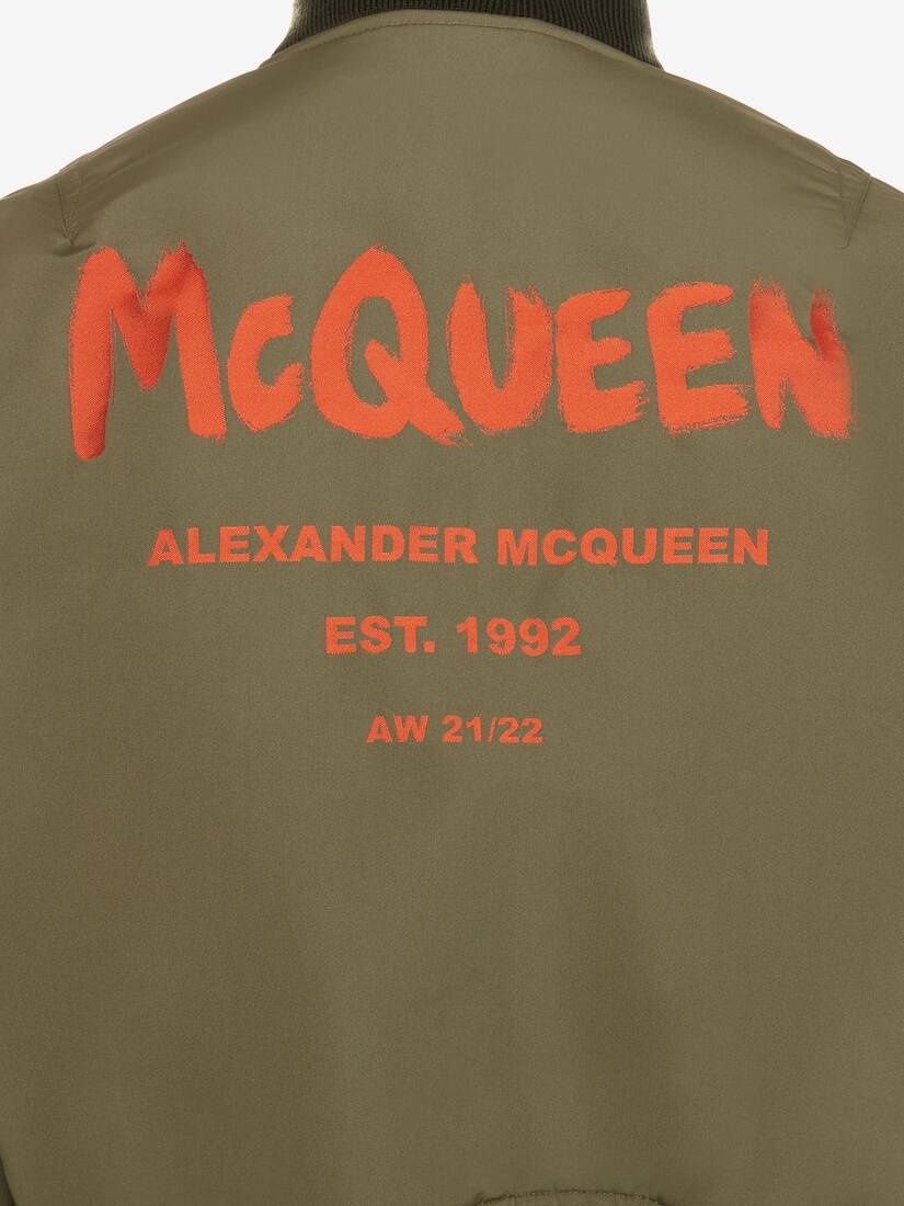 Mcqueen Graffiti Cropped Bomber Jacket in Military Green - 5