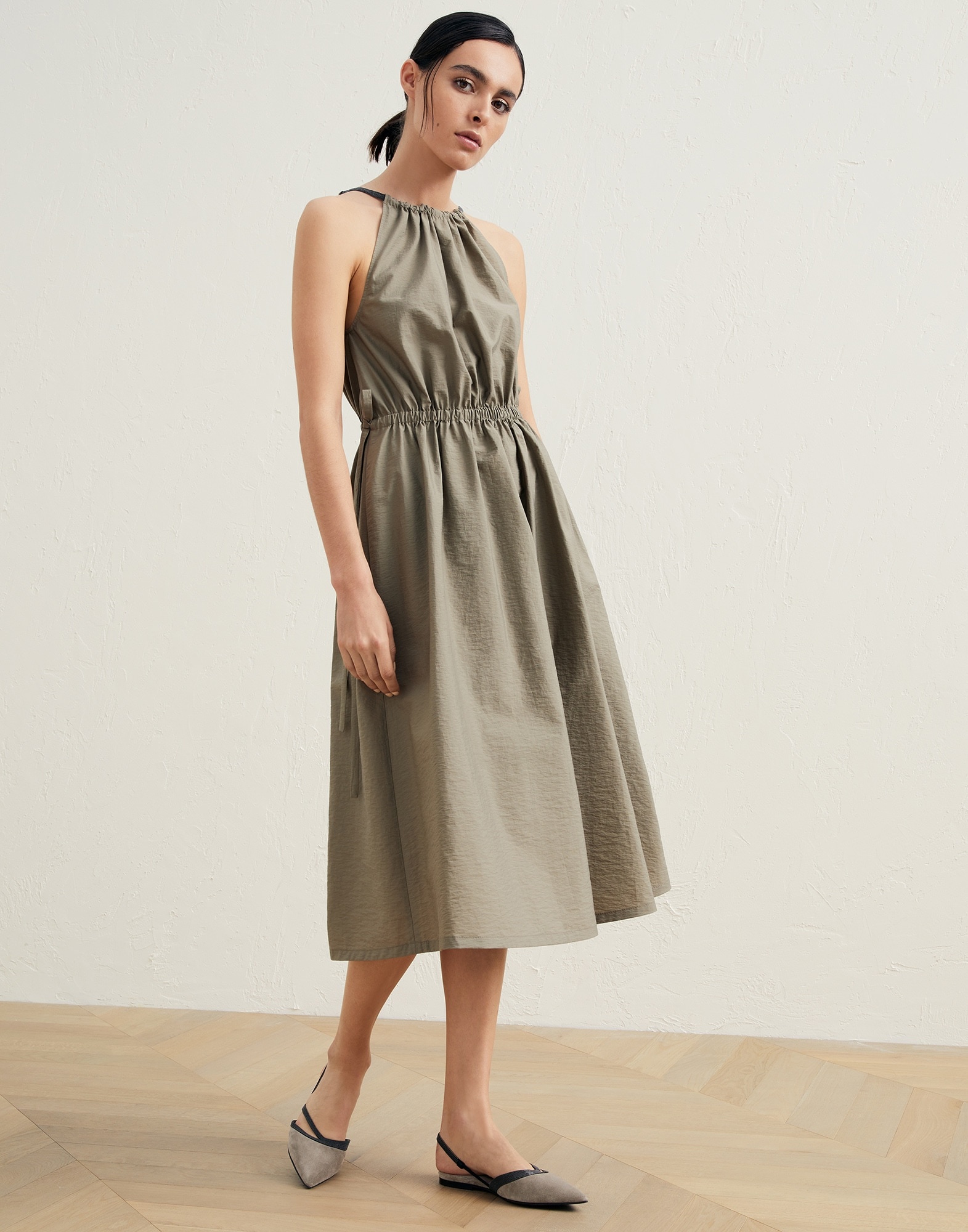 Techno cotton poplin dress with shiny halterneck - 1