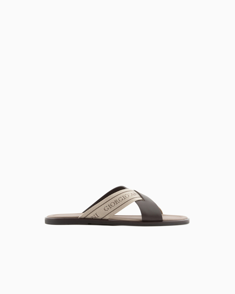 Leather cross sandals with two-toned tape 1