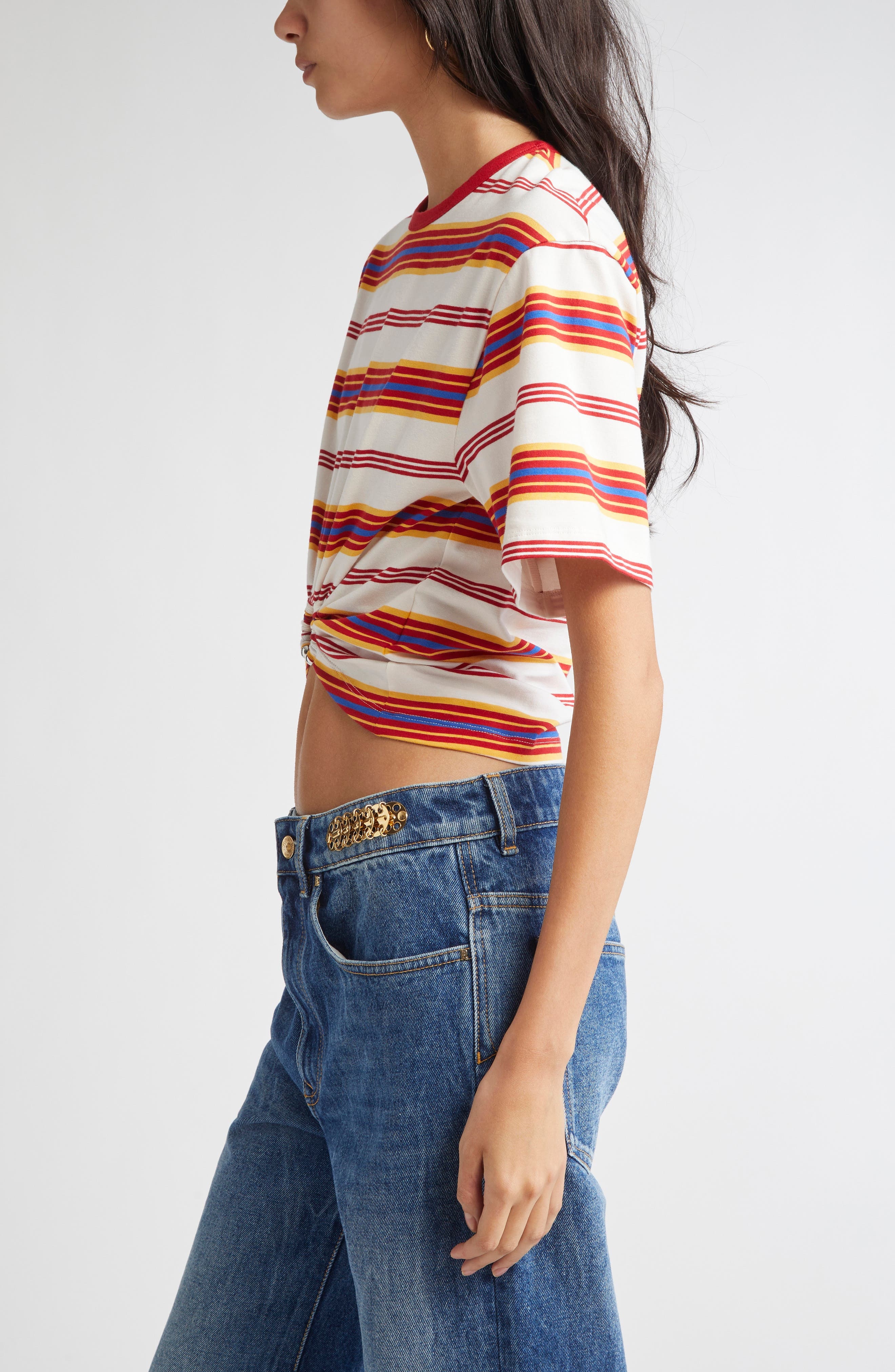 Rabanne Stripe Piercing Ring Crop T-Shirt in Stripes Cream /Orange / at Nordstrom - 4