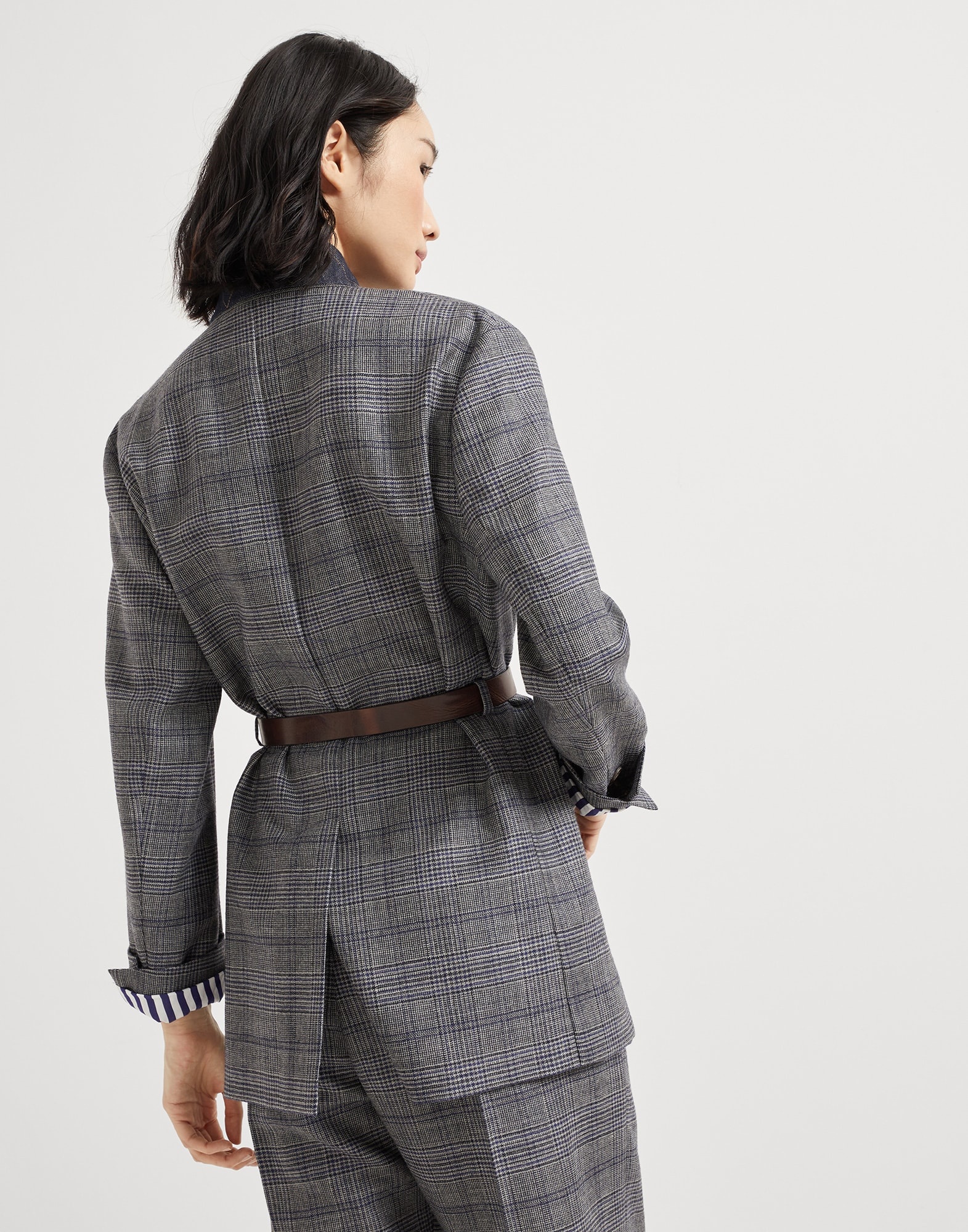 Virgin wool Prince of Wales blazer with leather belt and monili - 2