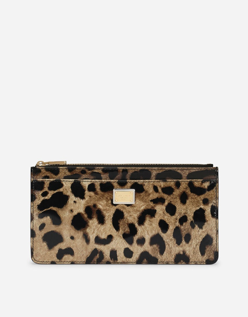 Large polished calfskin card holder with zipper and leopard print 1