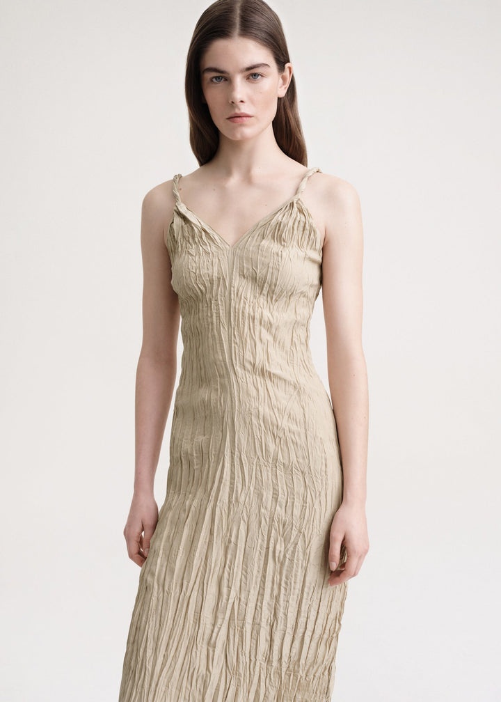 Twist-strap crinkled silk dress overcast beige - 5