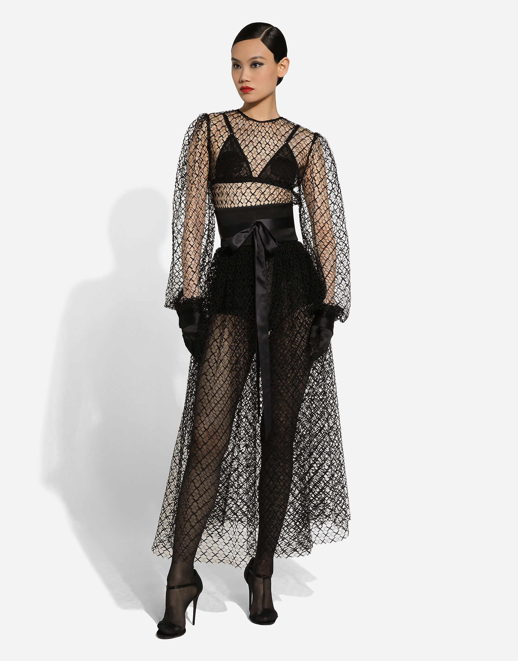 Calf-length mesh dress with wool crepe belt - 9