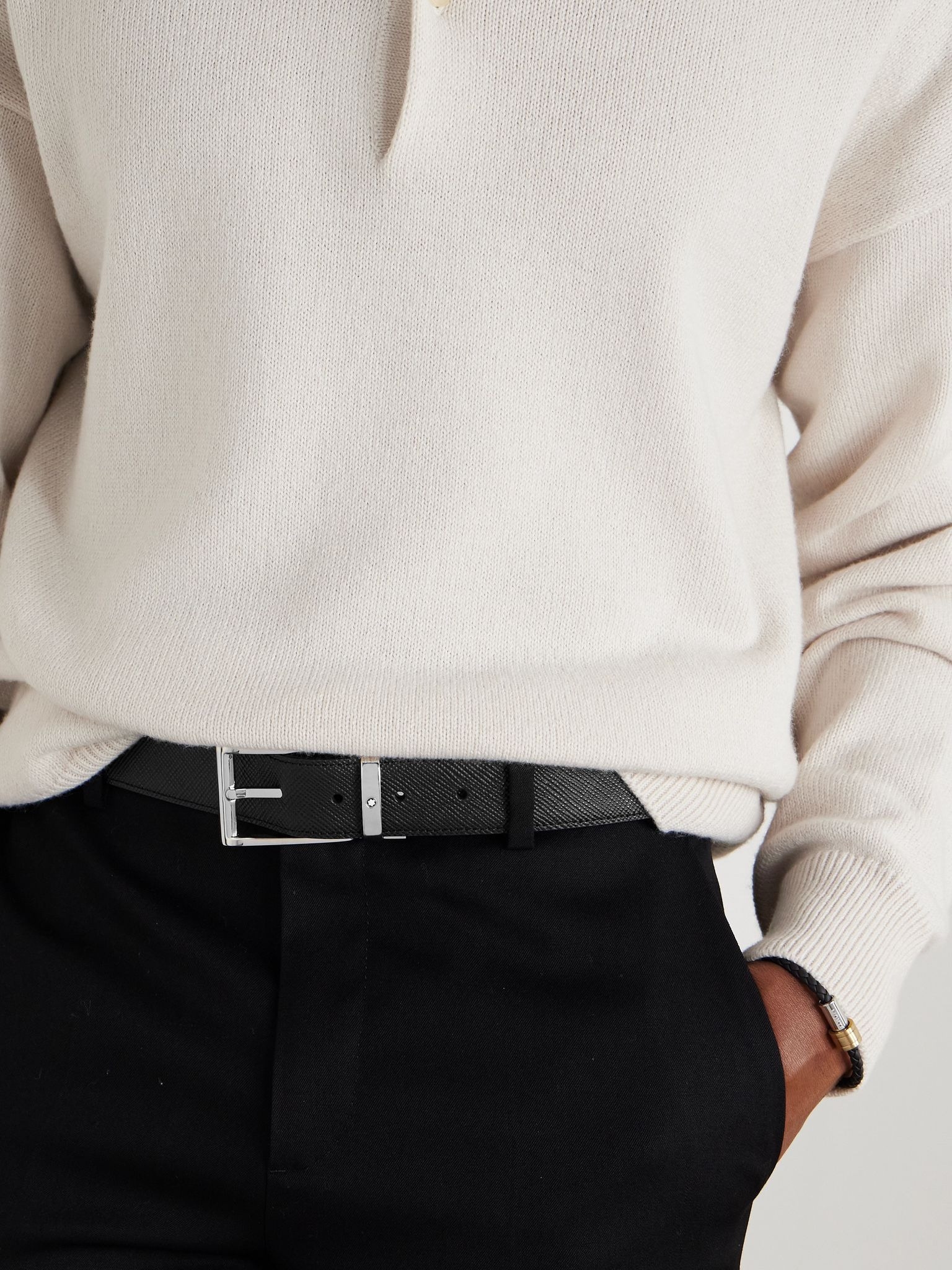 3.5cm Reversible Textured-Leather Belt Black - 3