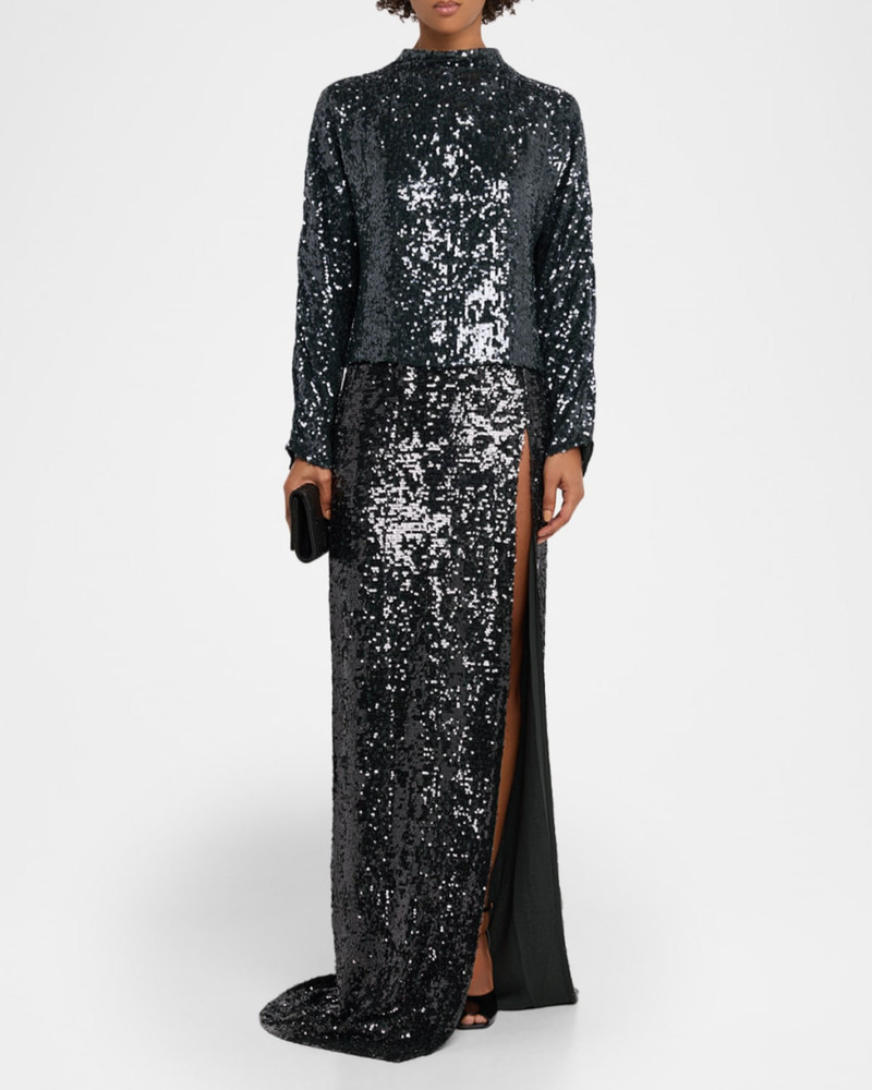LAPOINTE Sequined Mock-Neck Long-Sleeve Blouse outlook