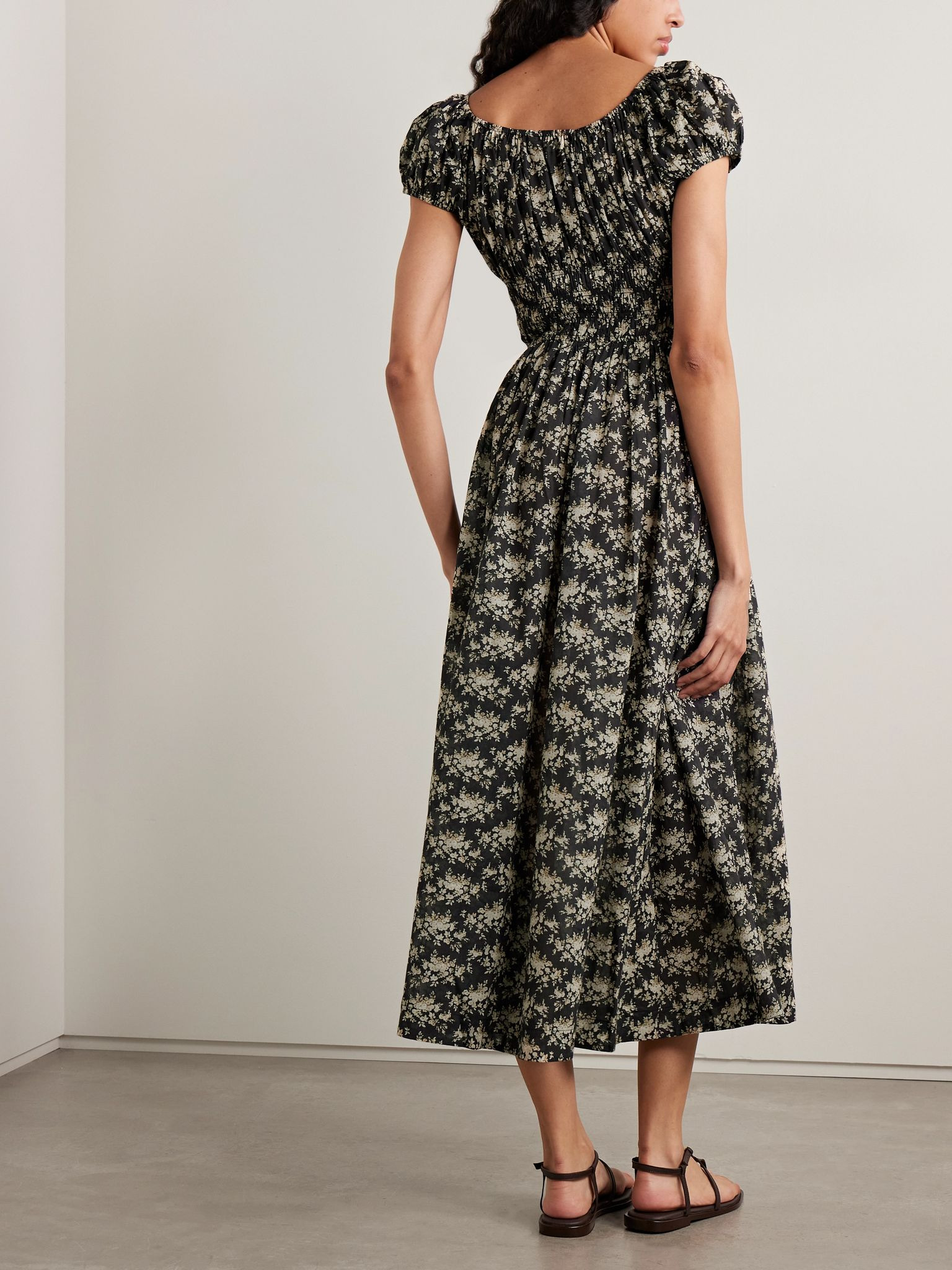 Quinley shirred floral-print organic cotton-voile midi dress Black - 3