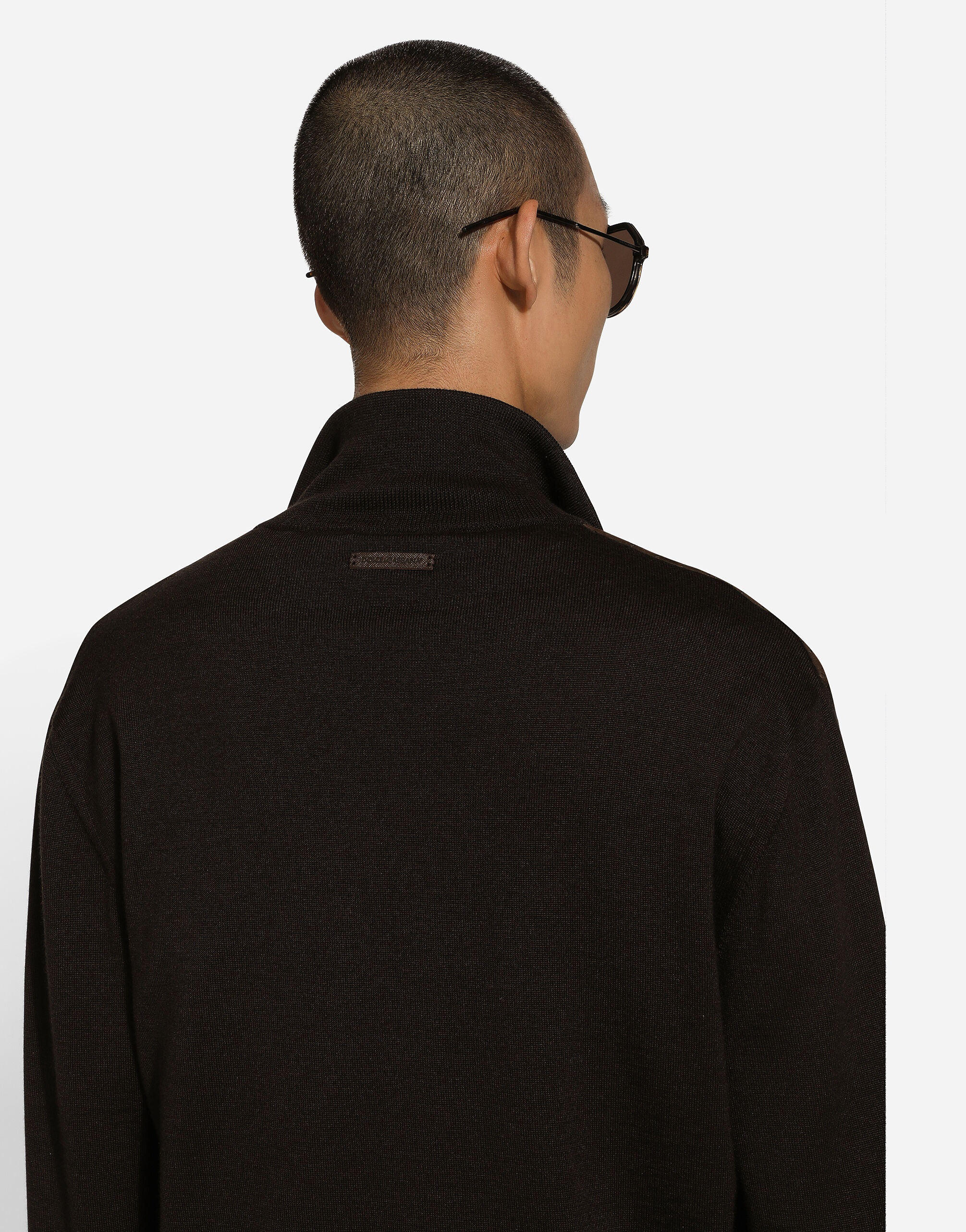 High-necked leather and wool jacket - 5
