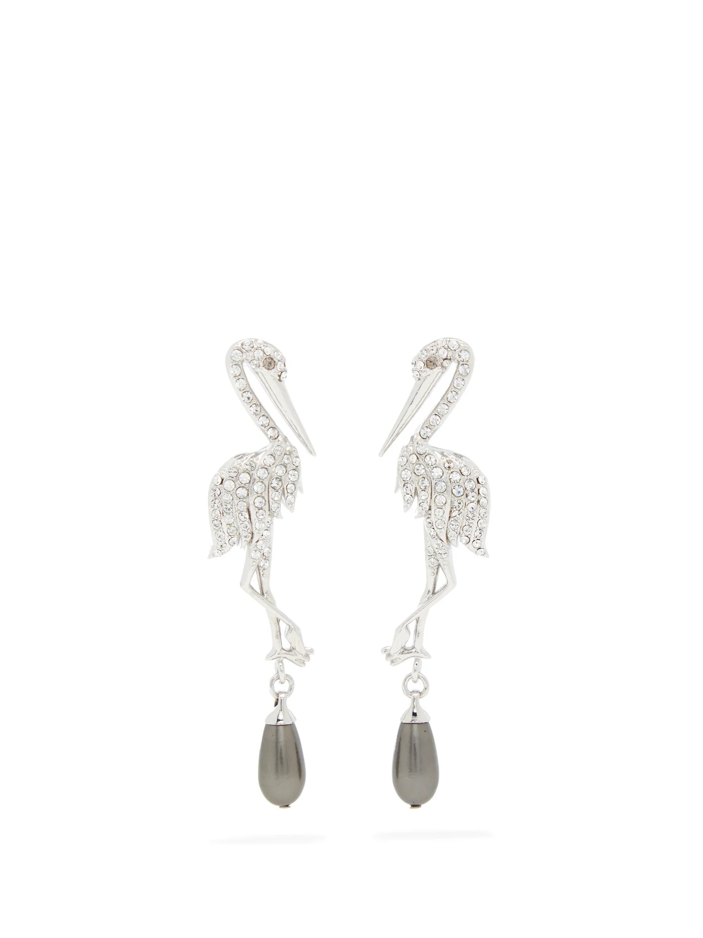 Faux-pearl and crystal crane drop earrings - 1