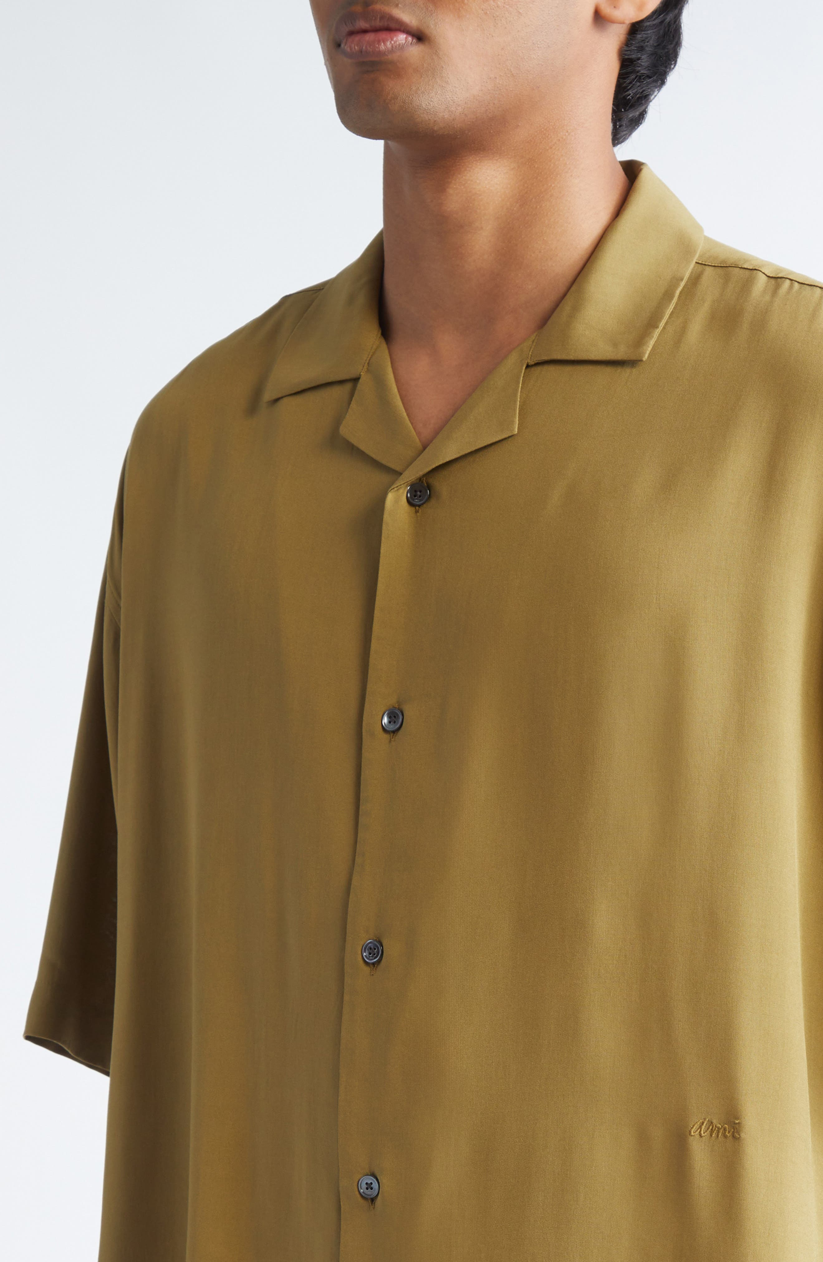 AMI PARIS Logo Embroidered Camp Shirt in Bronze at Nordstrom - 4