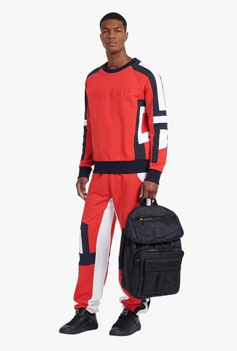 Balmain Oversized red, navy blue and white eco-designed cotton sweatshirt with embossed Balmain logo outlook