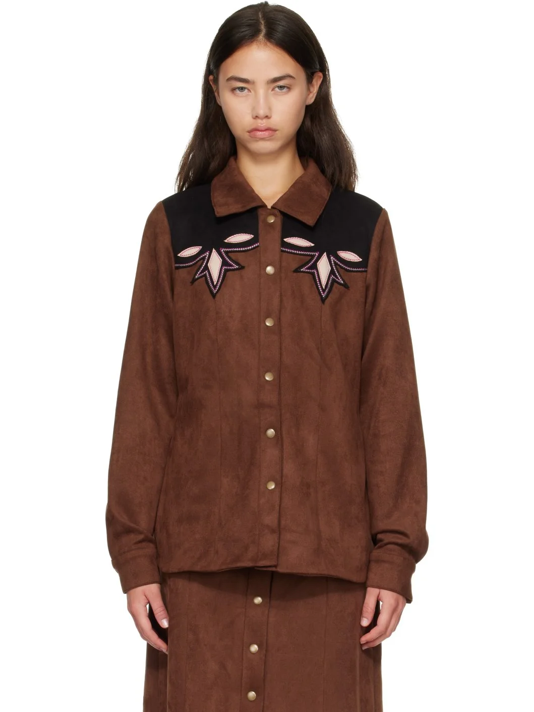 Brown Faux-Suede Appliqué Overshirt - 1