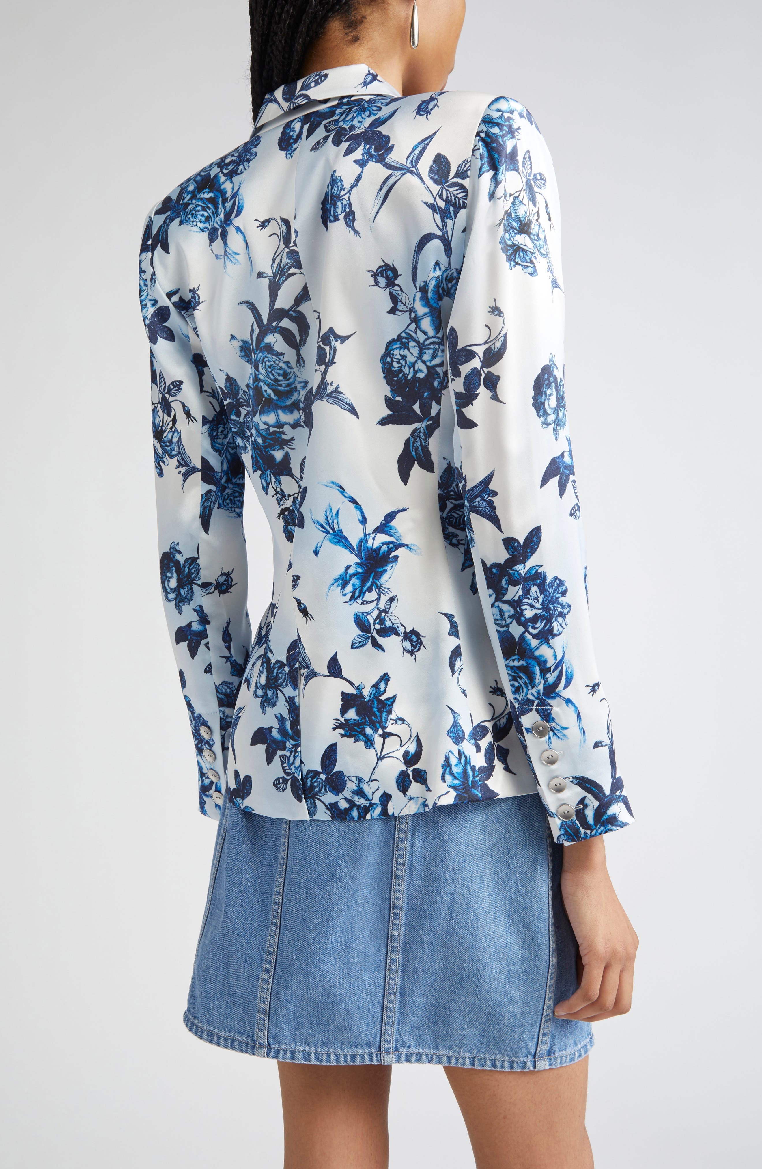 L'AGENCE Colin Floral Double Breasted Silk Blazer in White/Blue Painterly Floral at Nordstrom - 2