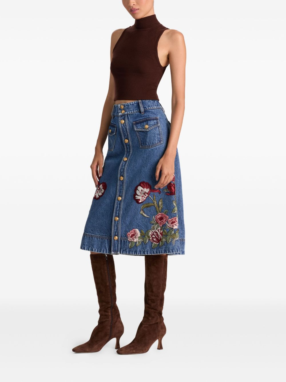 Dahlia floral-embroidered denim skirt - 3
