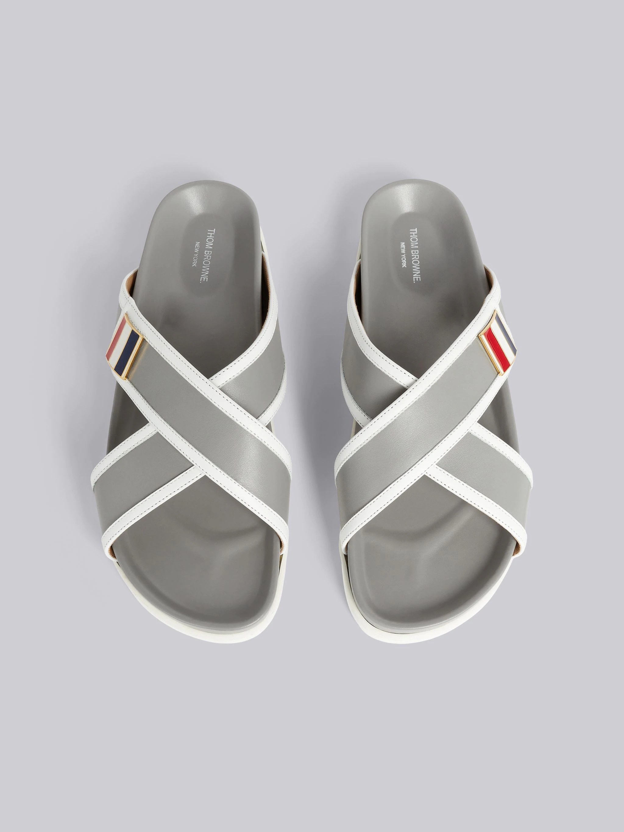 Dark Grey Vitello Calf Leather Stripe Enamel Buckle Criss Cross Sandal - 4