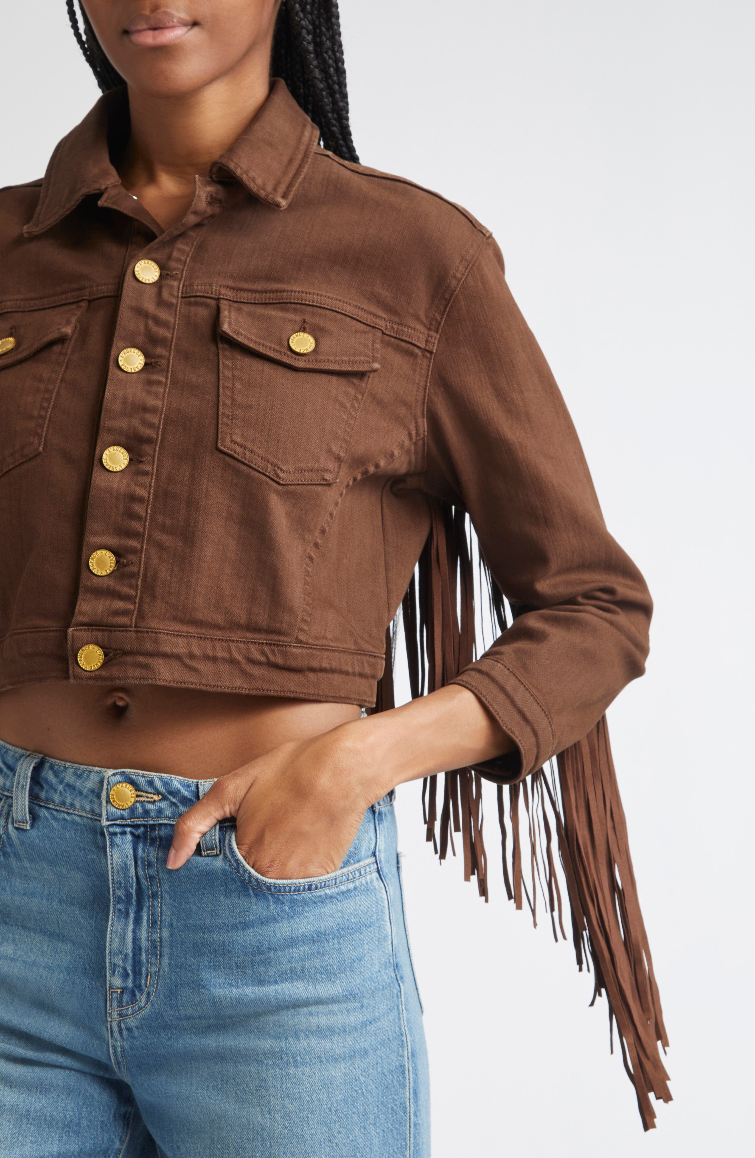 L'AGENCE Koda Fringe Crop Denim Jacket in Brown at Nordstrom - 5