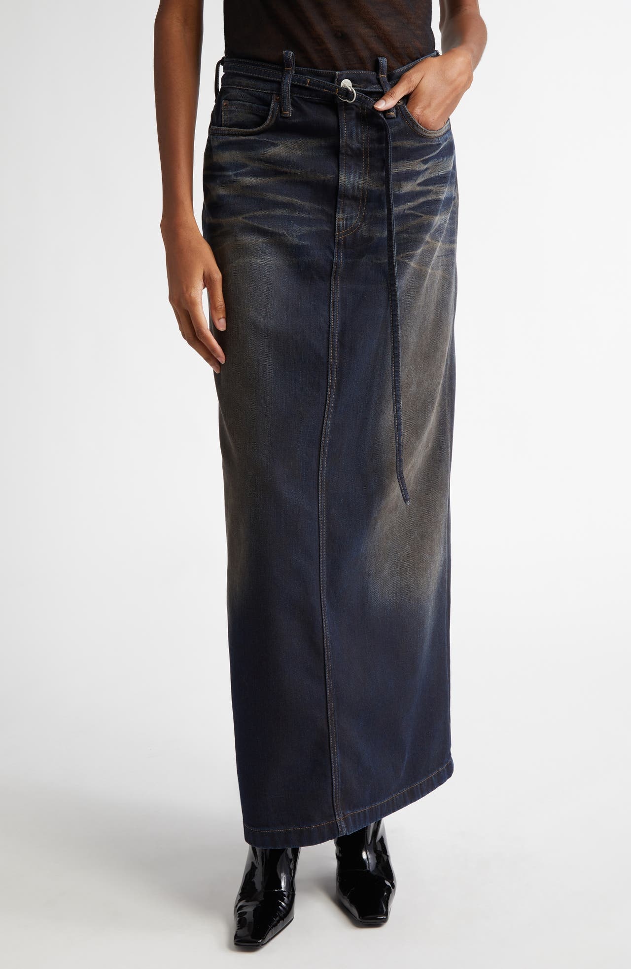 Acne Studios Talia Darkside Belted Denim Maxi Skirt in Dark Blue at Nordstrom - 1