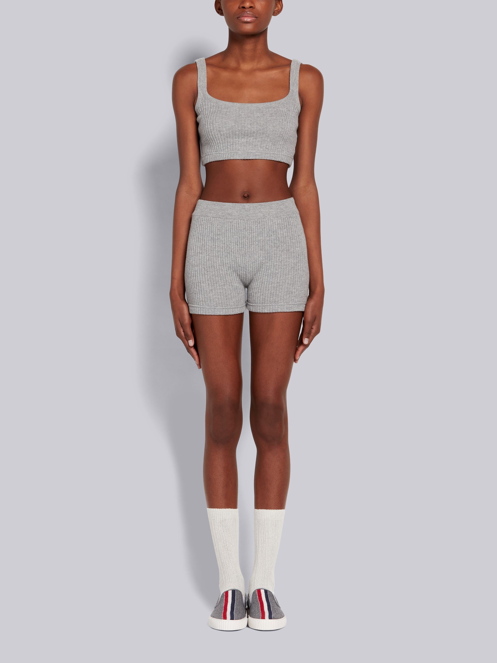 Light Grey Cashmere 2x2 Rib High Rise Brief Shorts - 4