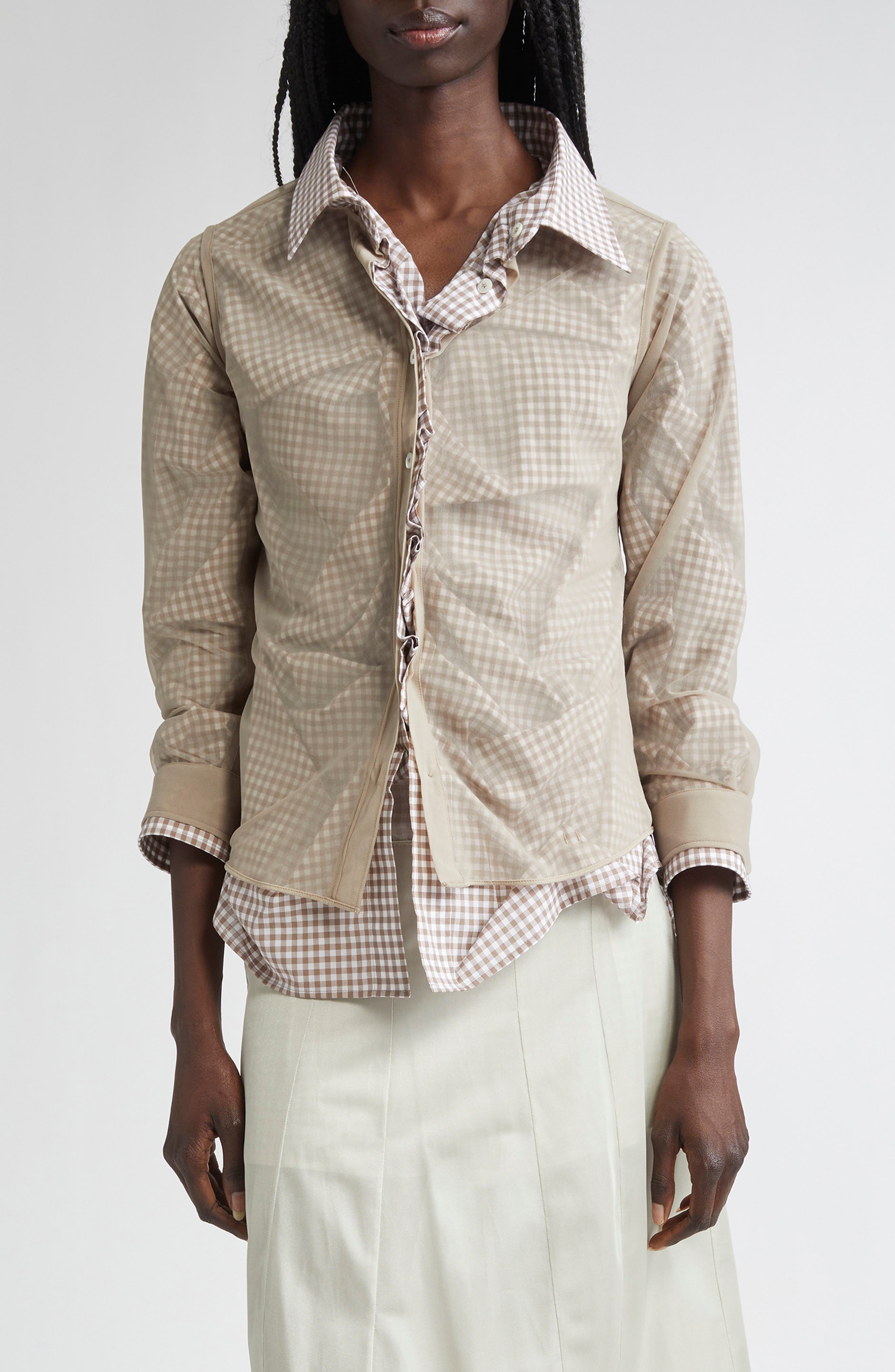 Maison Margiela Layered Mixed Media Button-Up Shirt in Camel And Tan/White at Nordstrom - 1