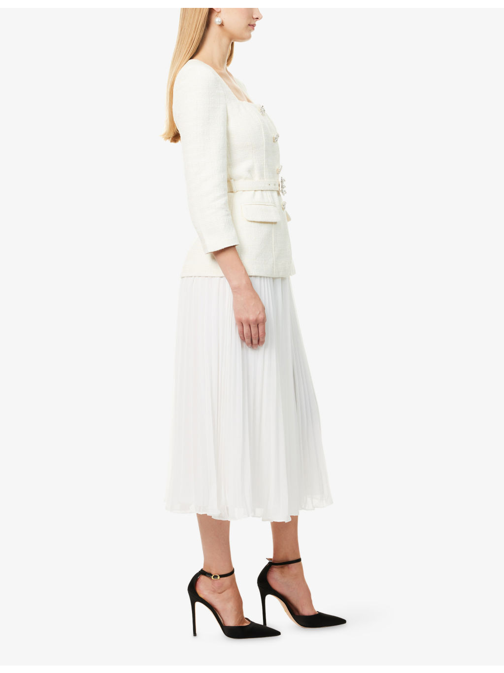 Long-Sleeve Boucle Chiffon Midi Dress - 3